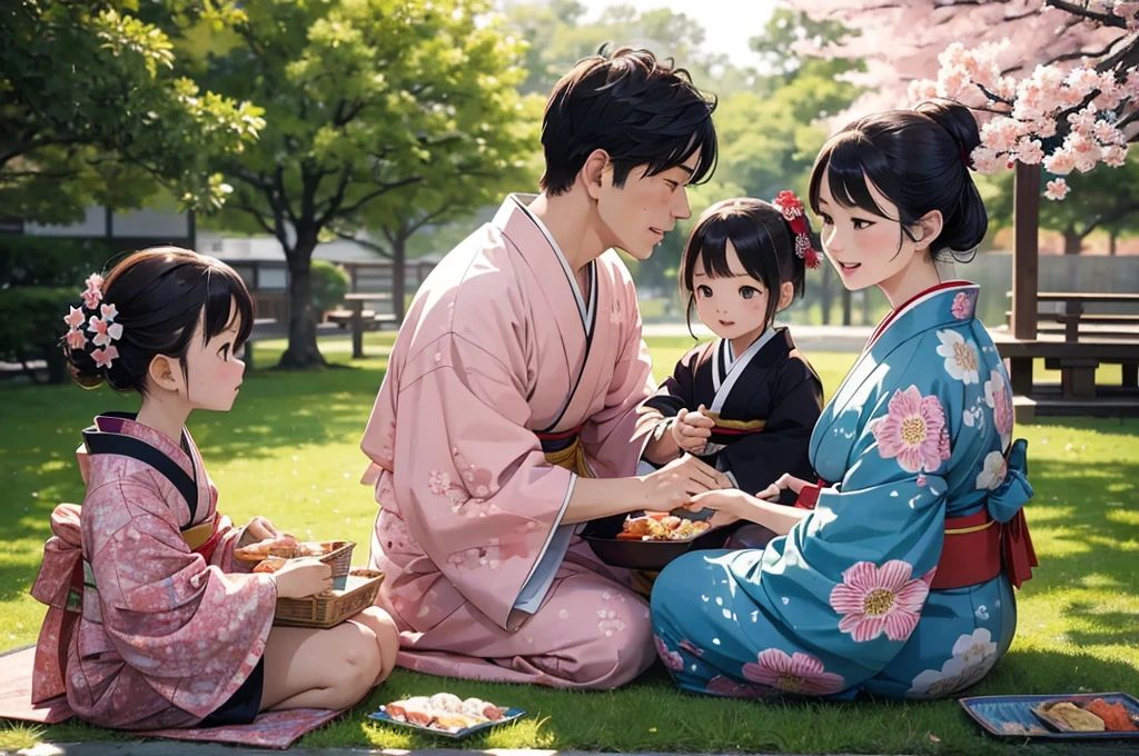 (masterpiece, best quality:1.1), popart,flat color, (1family:father and mother and kids),wear kimono,enjoy picnic,japanese lunch box,sakura tree,outdoor,taisho era,ukiyo-e style,dynamic angle,very happy,beautiful lighting, photographic portrait, sharp,Illustration by okama,