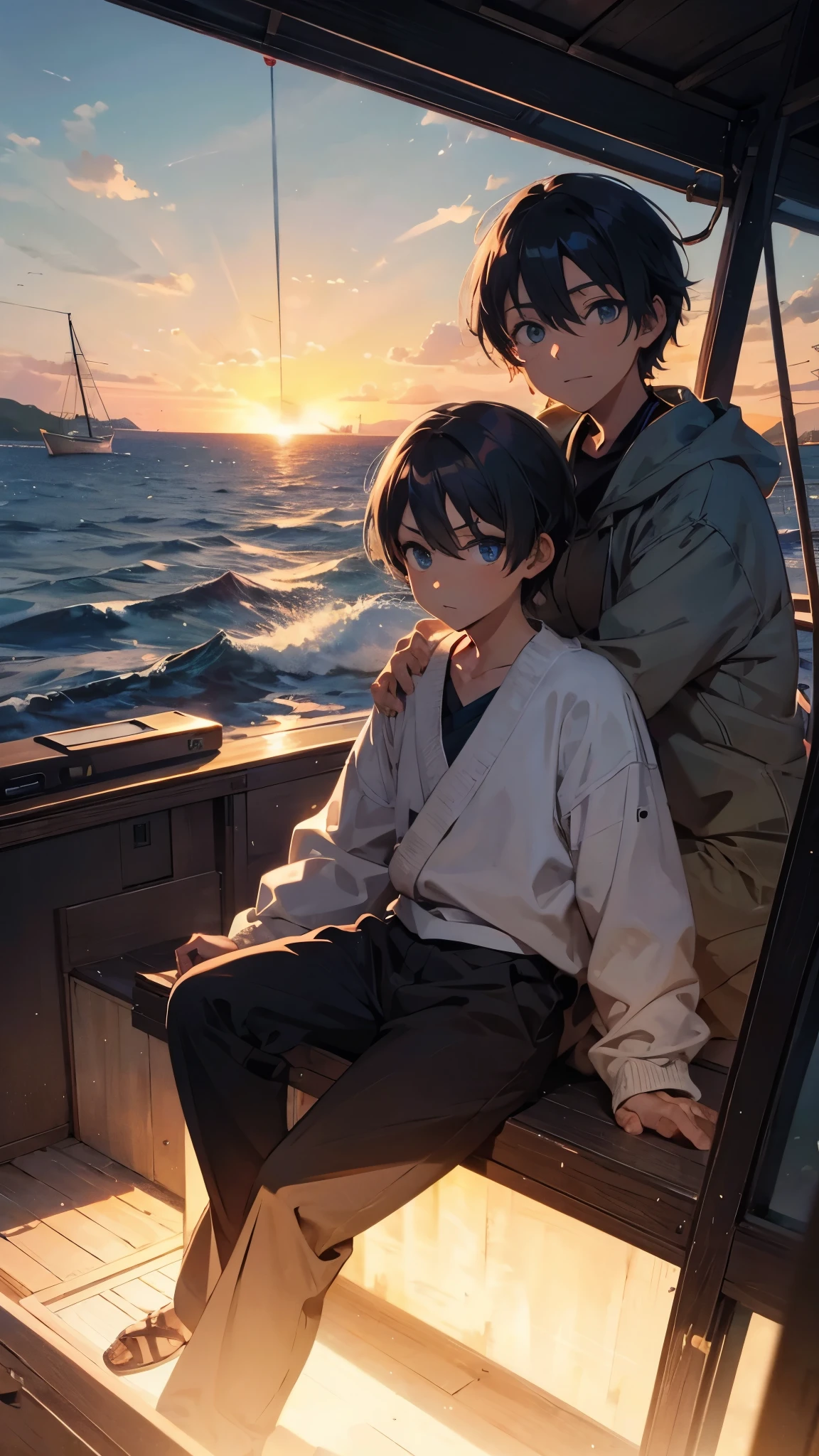 Imagine an anime illustration of man peacefully sitting on a boat, enjoying the view as the sun sets.