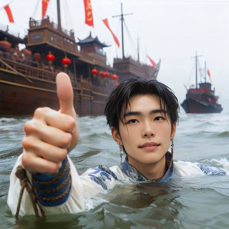 (Best Quality:1.2), (high resolution:1.2), (beautiful face and eye:1.5), (sharpest focus:1.2), (Ultra-realistic Photo:1.2), (Ultra-precise Photo:1.2), (Depth of field:1.2), (8k high resolution:1.2). (perfect anatomy:1.2),
(nice hands:1.5), (perfect hands:1.5), (One drowning Chinese man:1.2), (Very young and beautiful Chinese man:1.0), (Smiling thumbs up in a state of resignation:1.2), (Looking up angle:1.2),
(Chinese warrior in very light clothing, beaten up:1.0), (Majestic Chinese river:1.0), (Cynical smile:1.0), (Giant battleship:1.0), (Mars shining reddish-red in the night sky:1.2),