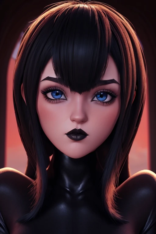 20 year old woman , lenceria, perfect asymmetrical face and detailed eyes 3D slender figure big oppais long hair, pose y , y mirando al espectador, imagen perfecta para wallpaper fanart, gothic makeup voluminous and red lips , landscape full body portrait 