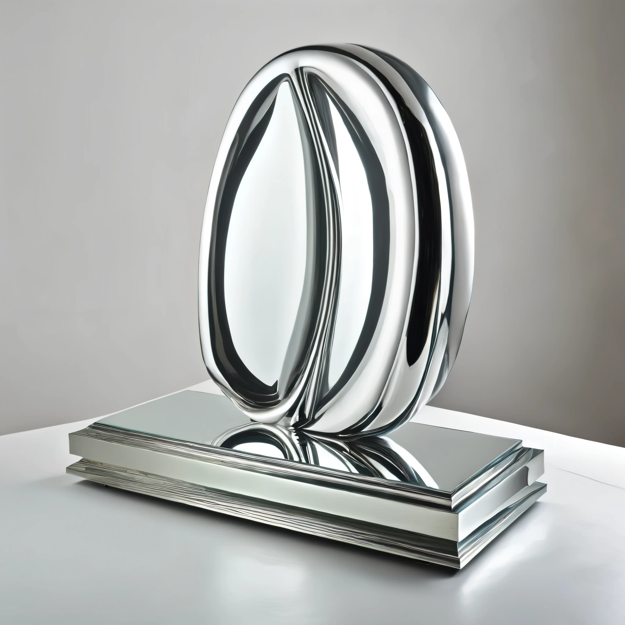 An abstract, fluid sculpture reminiscent of the works of Constantin Brâncuși, with smooth, elongated forms suggesting the flow of time. The sculpture is made of a reflective material, distorting and reflecting its surroundings.