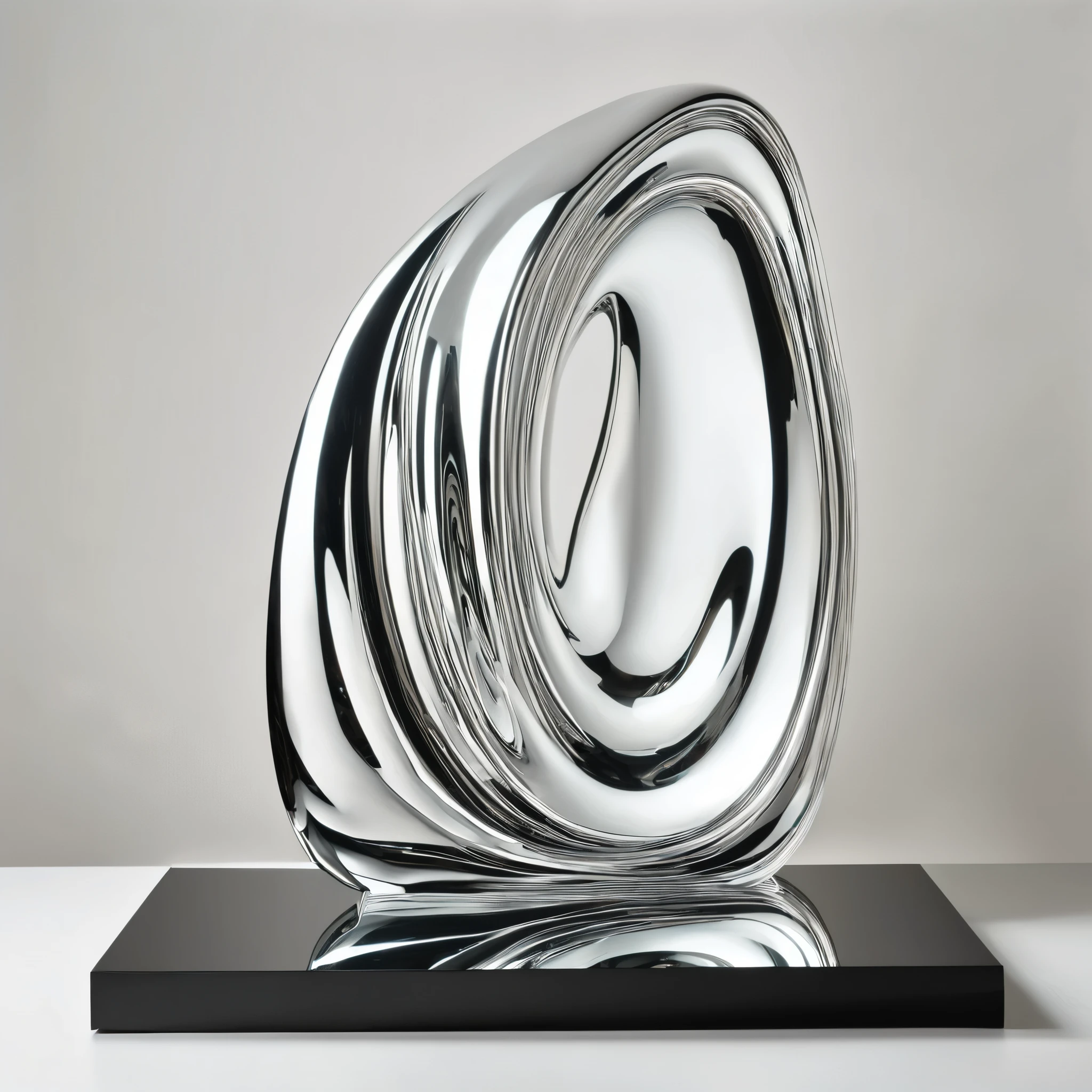 An abstract, fluid sculpture reminiscent of the works of Constantin Brâncuși, with smooth, elongated forms suggesting the flow of time. The sculpture is made of a reflective material, distorting and reflecting its surroundings.