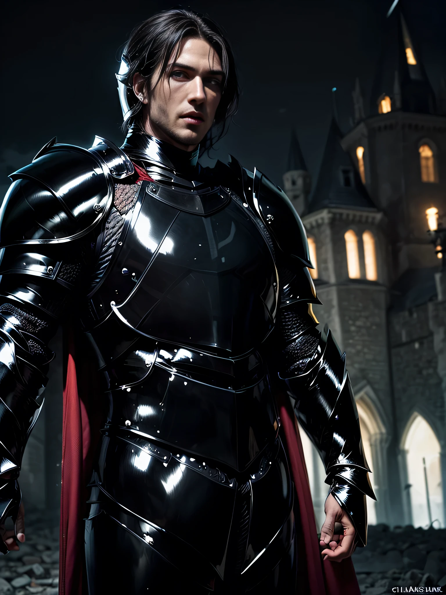 woman (((((satisfied, (([african:european:0.5] woman)), night, dark, full moon, green velvet evening gown, black red cape, vampire, (((handsome athletic male, black chrome armor:1.4))) embracing woman, romance novel cover, medieval castle)), black lips, dark makeup))), posing, dynamic cinematic pose, at night, dark, feminine athletic detailed body and face, highly detailed expressive , space above head, depth of field, ultra realistic, Fujifilm, BREAK (long dark hair), (((8k, hyperrealistic)))
