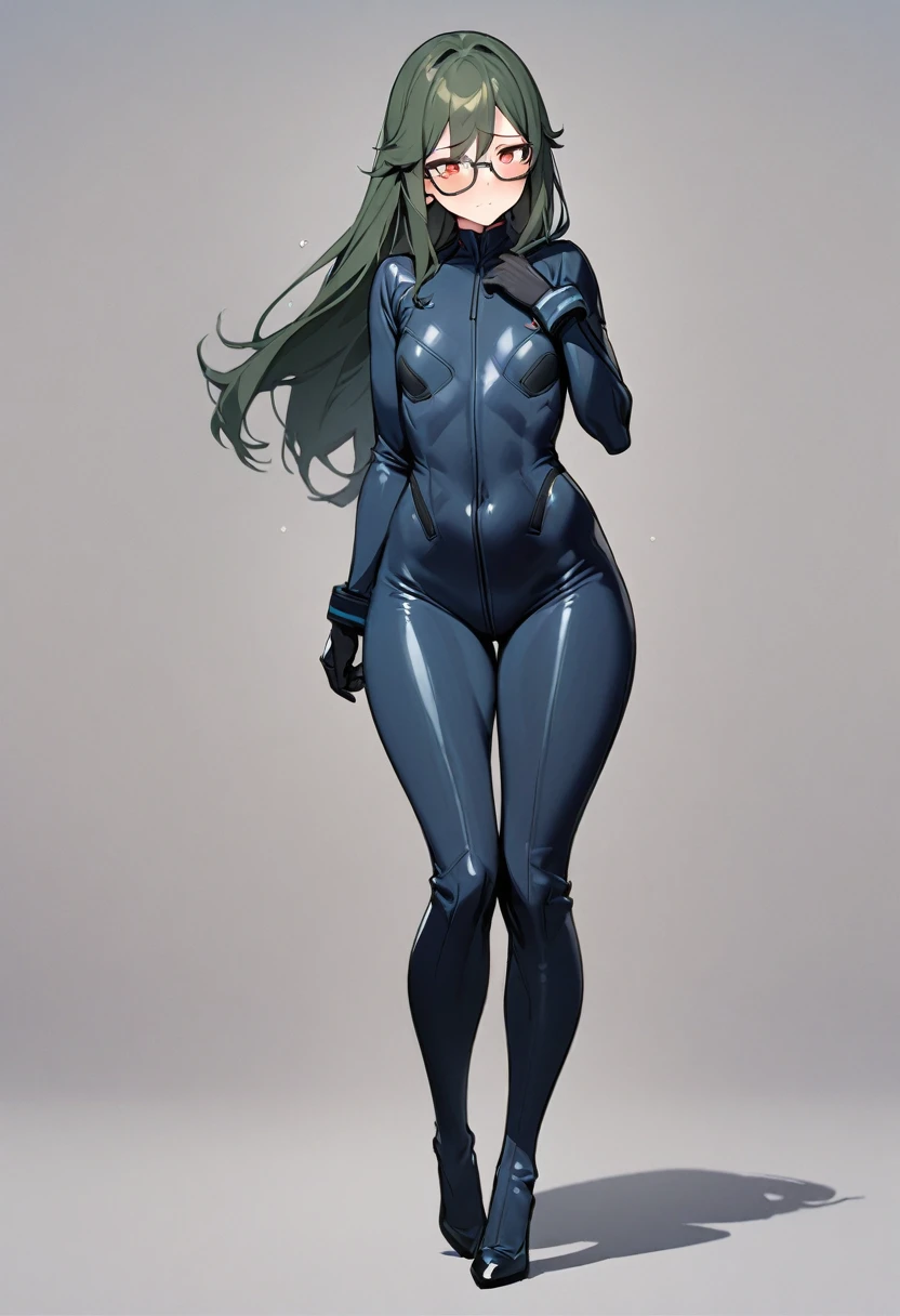 masterpiece, best quality, 1 female, solo, 35 year old female,full body,standing ,navy bodysuit,navy rubber suit,flat chest,Long Hair, Dark Green Hair, glasses, red eyes,Shy , wide hips,tall
