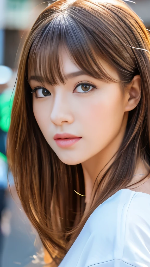 Best quality, 8k,  ,Masterpiece :1.3)), facing viewer,((full body1.2)) ,pretty woman, wide shot ,1girl, , selfie   , ,  Street Corner Mural, brown hair  , bangs,ultra-detailed face, highly detailed lips, detailed eyes, double eyelid