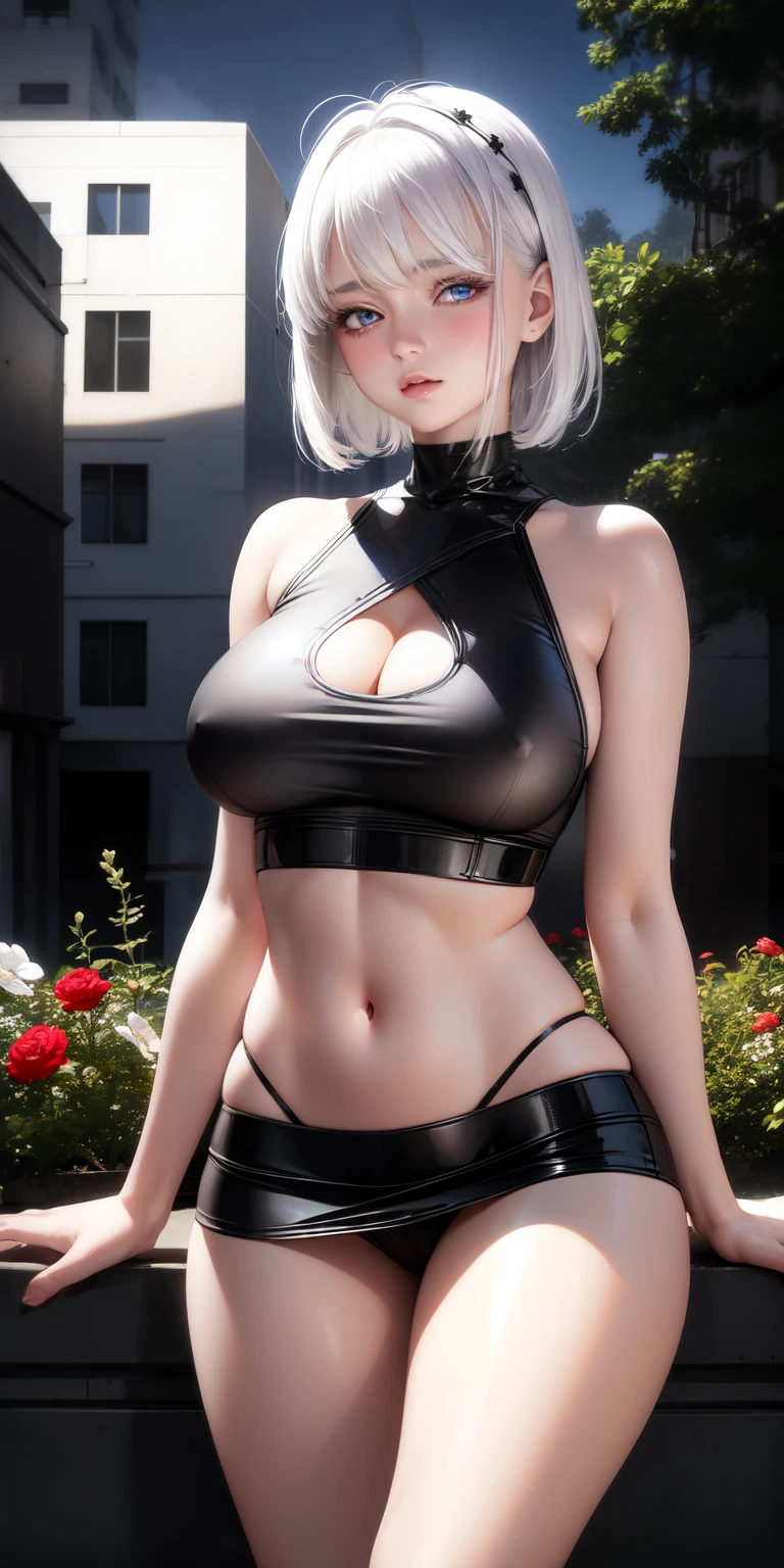 realistic, 1girl, white hair, blue eyes, big round breasts, hot body, sexy body, pure white skin, shining eyes, black crop top, black skirt, open lips, blush on, night, flowers, sun, sunlight