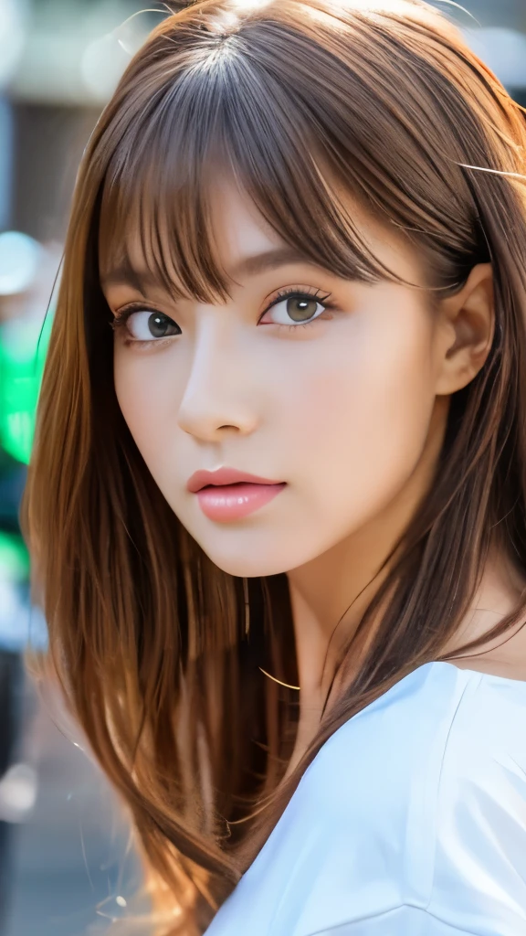 Best quality, 8k,  ,Masterpiece :1.3)), facing viewer,((full body1.2)) ,pretty woman, wide shot ,1girl, , selfie   , ,  Street Corner Mural, brown hair  , bangs,ultra-detailed face, highly detailed lips, detailed eyes, double eyelid