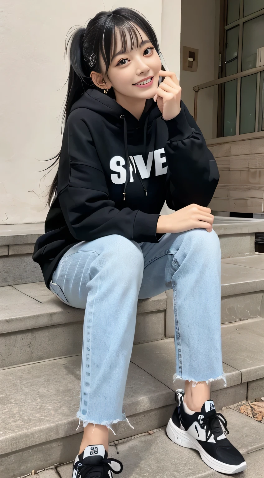 highest quality, Realistic, Very detailed, Finer details, High resolution, 8k wallpaper, One beautiful woman,Sit on the stairs、(Wear black socks)smile、(Beautiful teeth alignment、)(Gums are visible) Oversized hoodie, Skinny jeans,( Black sneakers)、Black Hair、 Beautiful Bangs、ear piercing、Perfect dynamic composition, Beautiful and detailed, Full Body Shot, A big smile