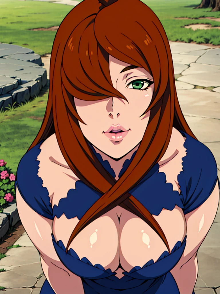 (POV Kiss | Peck | Thick Lips : 1.3), blue dress, garden background, Mei Terumi, anime cels style, best quality, high resolution, 1girl, (large breasts:1.2), beautiful face, long hair, brown hair, green eyes, ((hair over one eye)), lipstick, cowboy shot, light smile