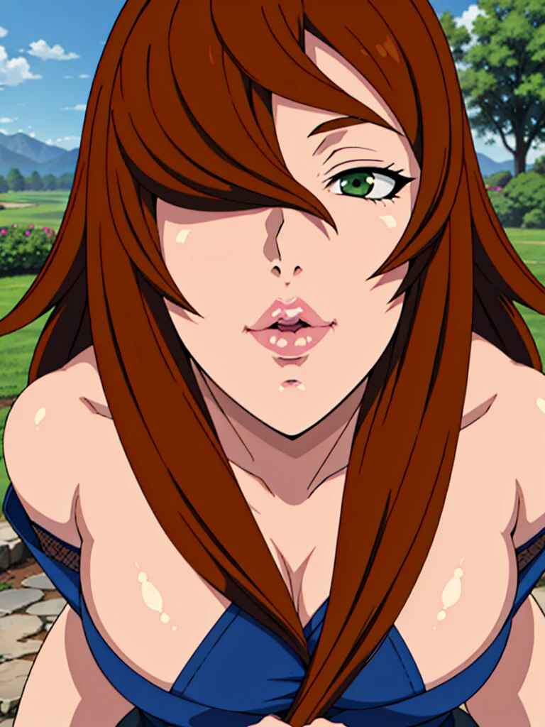 (POV Kiss | Peck | Thick Lips : 1.3), blue dress, garden background, Mei Terumi, anime cels style, best quality, high resolution, 1girl, (large breasts:1.2), beautiful face, long hair, brown hair, green eyes, ((hair over one eye)), lipstick, cowboy shot, light smile