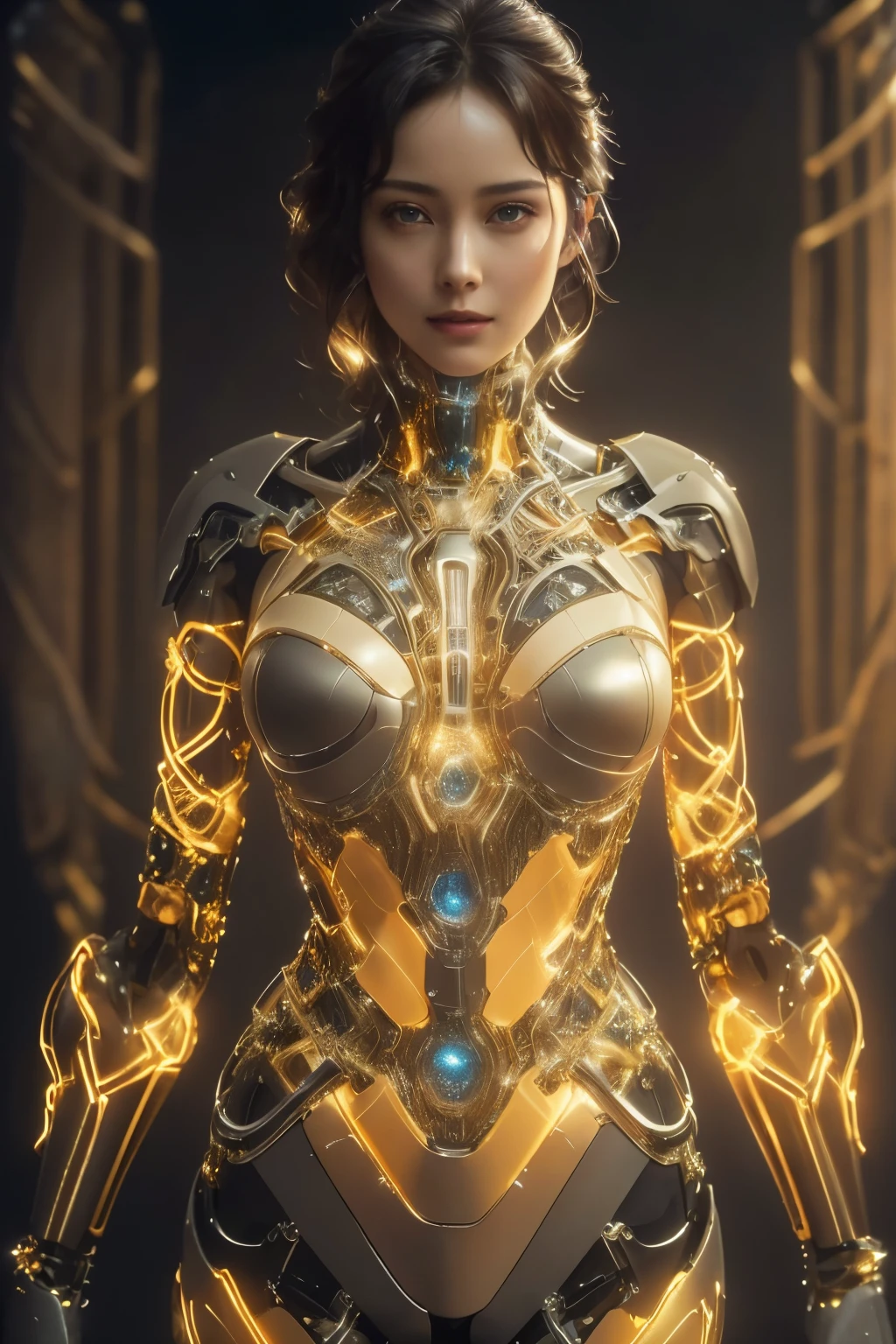 4K, Hyper Realistic, High Resolution, UHD,
An awe-inspiring digital portrait of a metallic beauty,
Isolated in a dimly lit, industrial studio backdrop,
A surreal and fascinating scene with luminescent crystal stones embedded,
An exquisitely crafted, intricate metal exoskeleton,
Her long, waving silicon locks flowing gracefully,
Her alluring curves delicately highlighted by her robotic form,
Showcasing stunning skin textures, every rivet and seam apparent,
A captivating and thought-provoking work of hyper realistic art,
A UHD masterpiece of technology and creative innovation