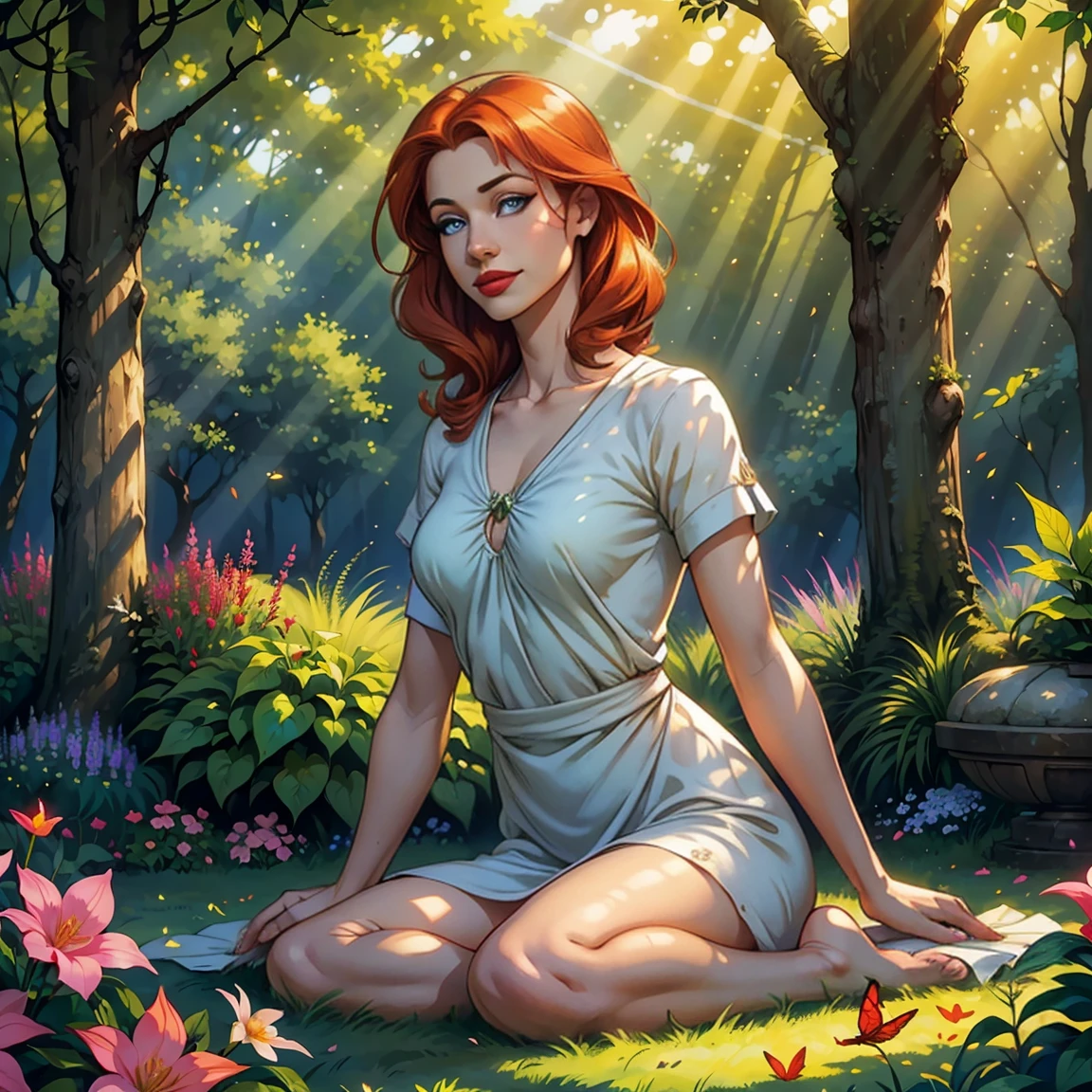 (best quality,realistic,1girl),40 years old,very detailed blue eyes,very detailed red lips,ginger hair,short,t-shirt,cozy ambience,soft lighting,tranquil ambiance,full body,pleasant garden,butterflies,floating flowers,peaceful atmosphere,lush greenery,serene moment,delicate features,subtle smile,sparrows chirping,relaxed pose,gentle breeze,harmonious colors,natural beauty,dewdrops on leaves,calm expression,serenity and tranquility,sun-kissed glow,whisper of leaves,rays of sunlight filtering through trees,sun-dappled shade,harmony with nature,contemplative mood,sublime tranquility