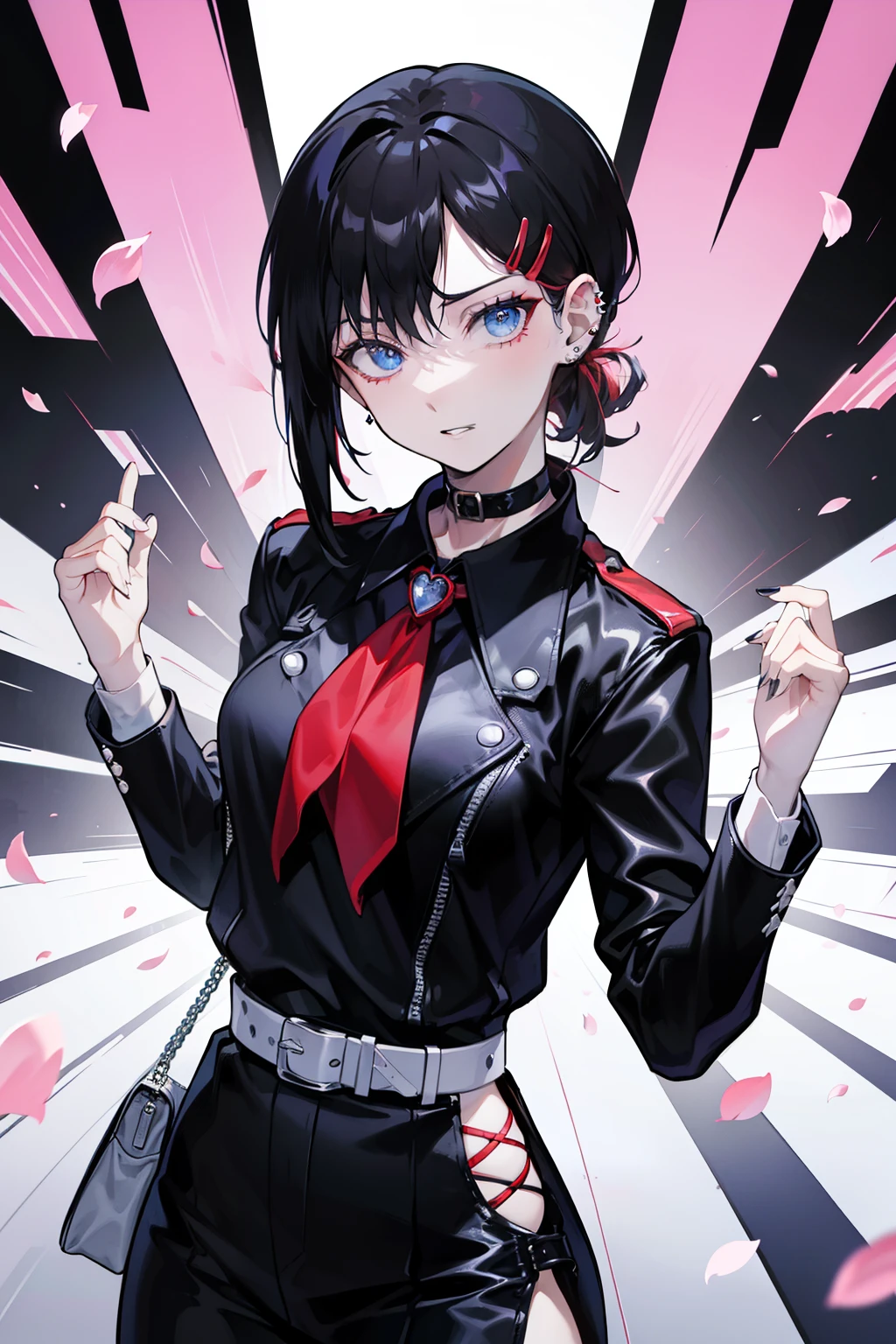 Picture prompt: A solo woman, standing confidently in a vibrant and dynamic street scene, poses with a pistol in her hand, a 9mm to be precise. Her expression is bold and determined, with a hint of danger in her piercing blue eyes. The background is modern and trendy, with elements of cherry blossoms and petals falling gently from the sky, creating a stark contrast to the edginess of the situation. She wears a stylish outfit, with a statement accessory around her neck – a red choker, and her hair is long and coiled, adding to her fierce and bold appearance. The text on the cover is catchy and attention-grabbing, with a head