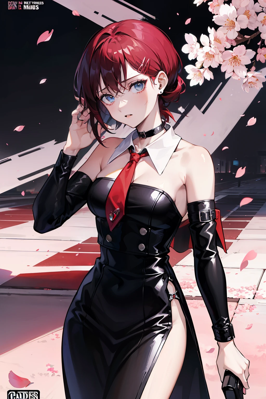 Picture prompt: A solo woman, standing confidently in a vibrant and dynamic street scene, poses with a pistol in her hand, a 9mm to be precise. Her expression is bold and determined, with a hint of danger in her piercing blue eyes. The background is modern and trendy, with elements of cherry blossoms and petals falling gently from the sky, creating a stark contrast to the edginess of the situation. She wears a stylish outfit, with a statement accessory around her neck – a red choker, and her hair is long and coiled, adding to her fierce and bold appearance. The text on the cover is catchy and attention-grabbing, with a head