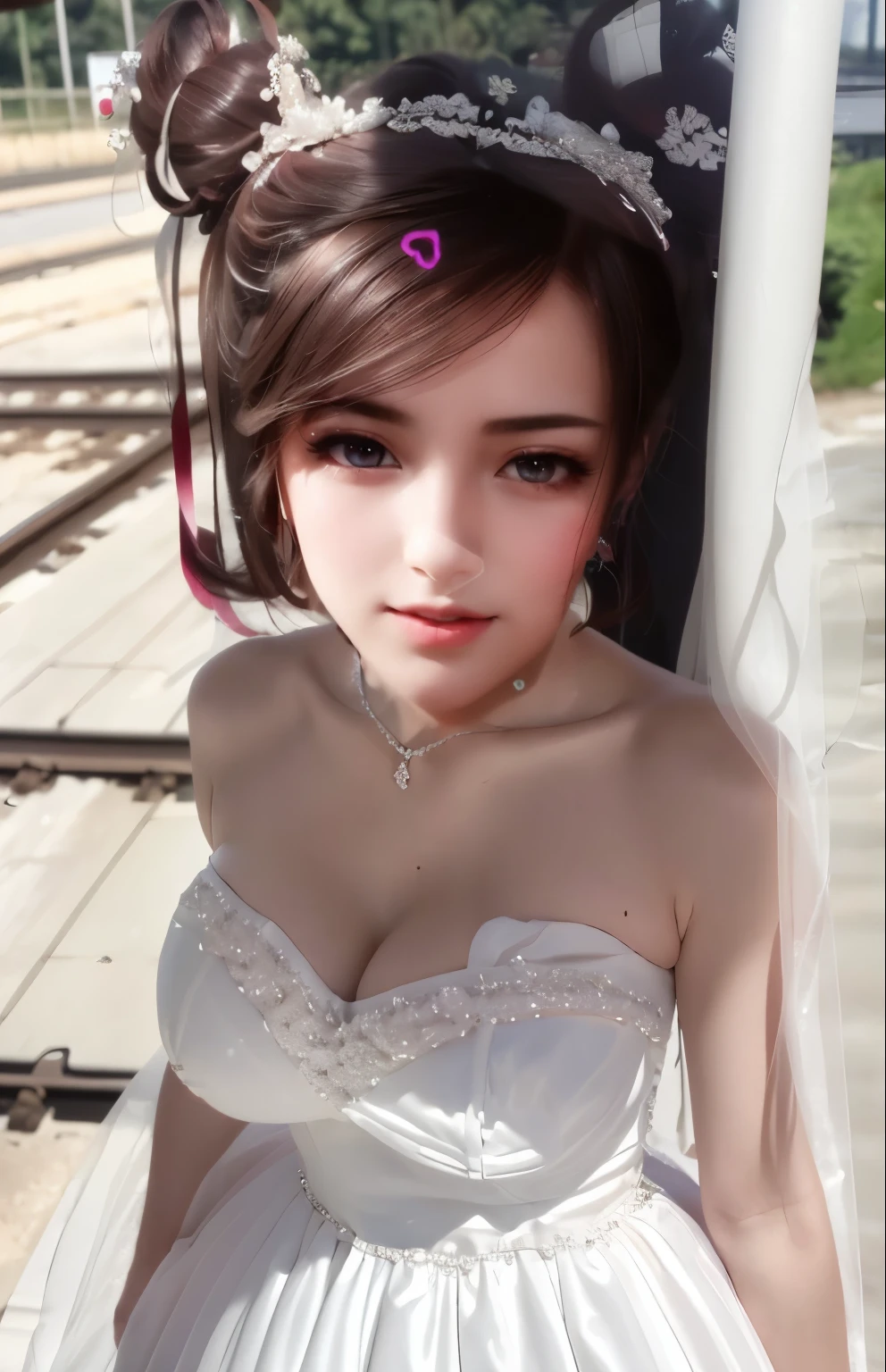 (((Pixel Perfect, Perfect details))), Solitary, 1 girl，bride, yuigahama yui， Keep your mouth shut，pink glossy lips,穿著bride禮服的特写,Gulwitz, (((bride頭紗)))，（Transparent short veil），blush，Eyeshadow，Blushing face，Head flower，headgear，((Bouquet))，((((tube top wedding dress))))，(((Strapless Wedding Dress))),(Bare shoulders)，Pure white dress，(((necklace)))，((earrings))，(large breasts:1.3)，Bangs，Lipstick，((White long elbow gloves)),Half-length photo,High Detail RAW Color Art,White long skirt,There is a railway track next to it，(standing on the railroad tracks:1.3),18 years old, （Long twin tails：1.5）,(Double bun:1.5), Black Hair,night,Rainy Day