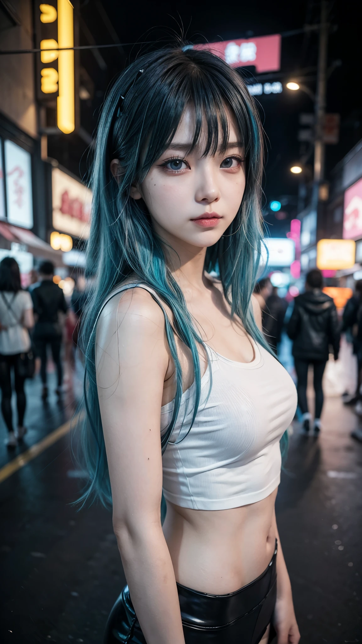 there is a woman with a blue hair and a white top, anime girl cosplay, inspired by Leng Mei, photo of slim girl model, anime girl in real life, seductive anime girl, cyberpunk 2 0 y. o model girl, chinese girl, female cyberpunk anime girl, photo of slim girl, beautiful cyberpunk woman model, anime cosplay, cosplay photo, cosplay
