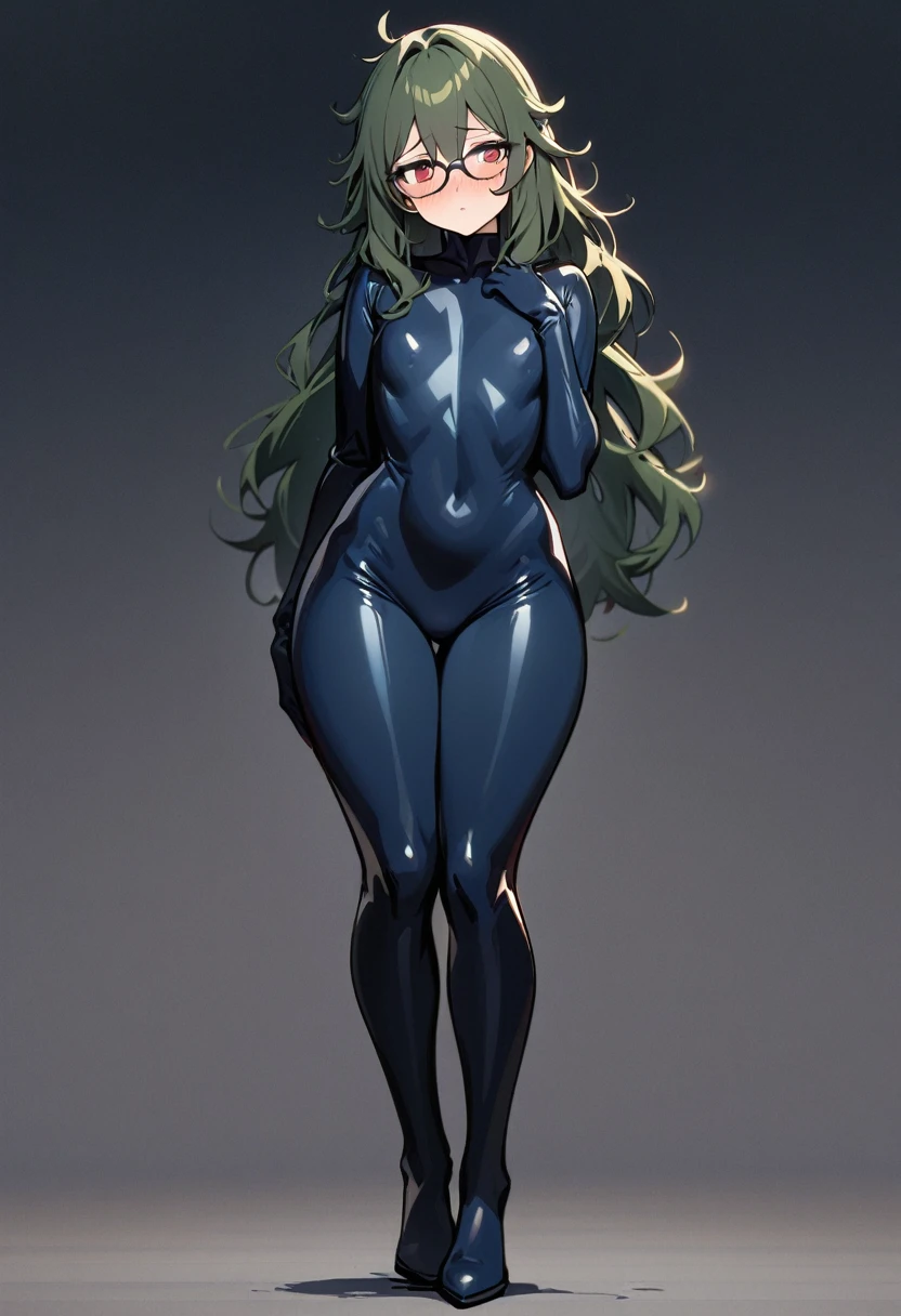 masterpiece, best quality, 1 female, solo, 35 year old female,full body,standing ,navy bodysuit,navy rubber suit,flat chest,Long Hair, Dark Green Hair,messy hair,glasses, red eyes,Shy , wide hips,tall