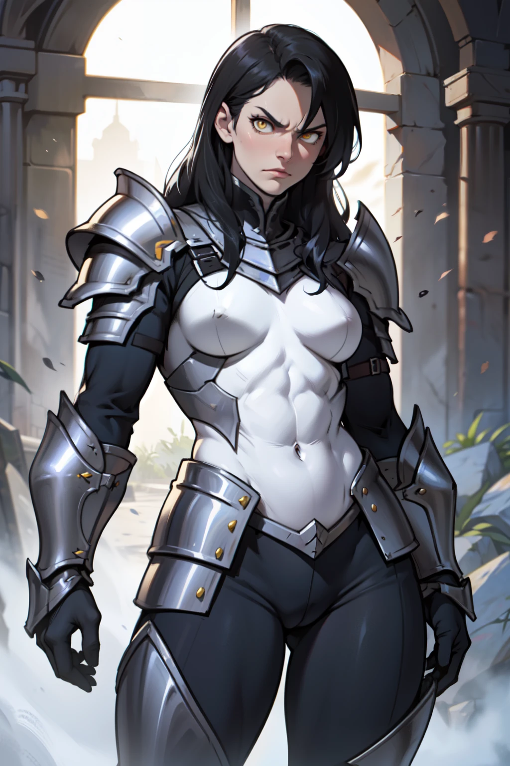 (((muscular))), (thick thighs, small breasts, toned body, 1 girl), black hair, pale skin, yellow eyes, angry, very long hair armor armor armor armor armor armor armor armor armor armor armor armor armor armor armor armor armor armor armor 