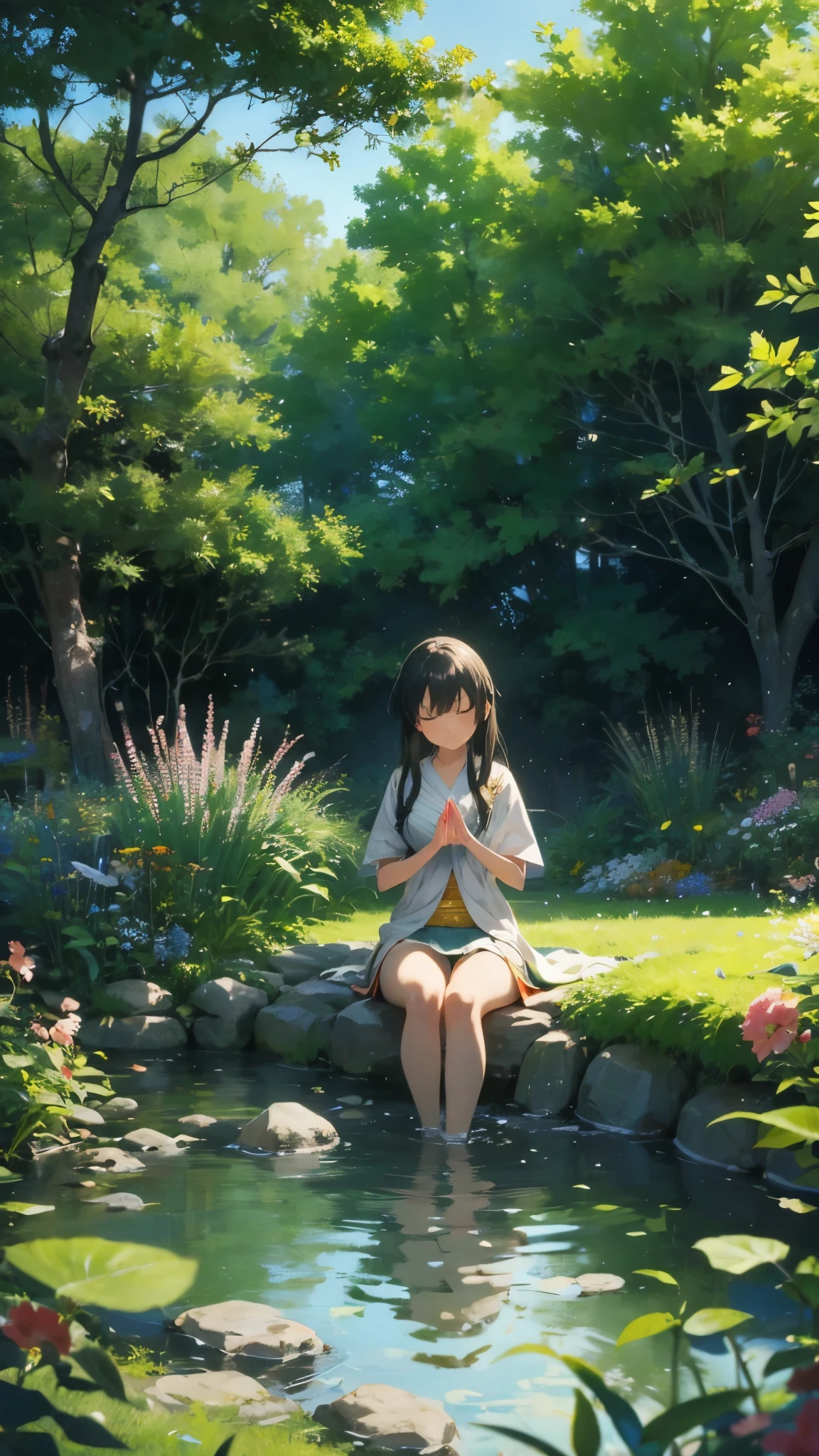 Imagine an anime illustration of a person meditating in a tranquil garden, surrounded by lush greenery and blooming flowers.