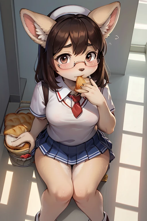 from above , front view , focus face , hairy bunny Short stature girl , (realistic hairy bunny fur:1.2) , round Mumps face , (tilt face:1.2) , half-open eyes , Unsophisticated geek , round eyes , Swollen cheeks , shy , glossy lips , eyewear , in the school , school sailor , skirt , Sit on the school stairs , lunch alone , (Eating bread while looking down) , grab bread , look of boring , looking down