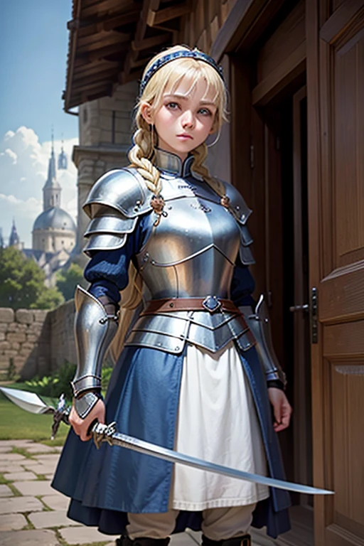 masterpiece, highest quality, High resolution, One 16-year-old girl、blue eyes、
Blonde、Braid、Medieval France、A woman like Joan of Arc、Training Course、Iron Armor、Iron Sword、Iron Hands、Iron leg guard