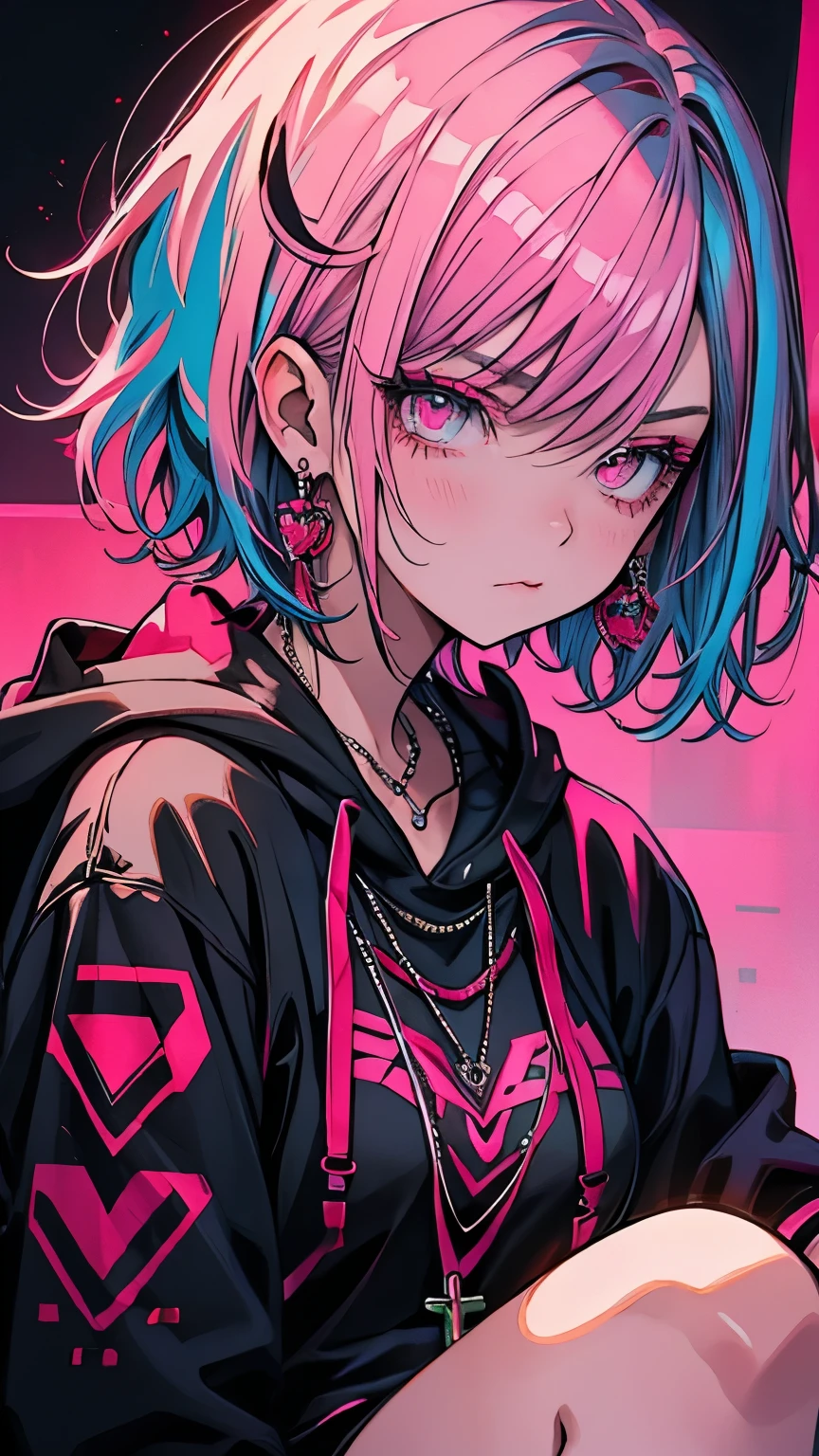 Red Flow, 1 girl, alone, Neon Background, jewelry, Mouth closed, Pink Hair, Blue Hair, Earrings, Pink Eyes, necklace, Black hoodie, eyelash, Compensate, short hair, Earrings, cross, ear Earrings, eye shadow, variegated hair, Pink Theme, Sitting