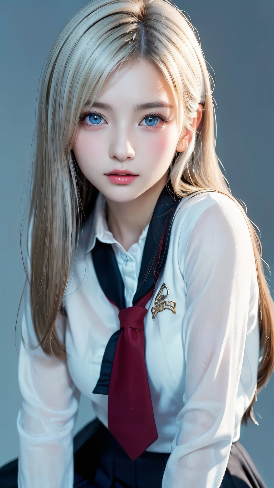 classroom、Sit on a chair、View the screen、((((Platinum Hair、white-gold hair color、forehead、Long Hair、腰までのLong Hair、Glowing Skin、Fair skin、Plump Lips、Straight Hair、blue eyes、白Gal、Gal、uniform、student、student服、race、Northern Europe、White background、シンプルなWhite background、Peek into、Bend)))))))、、masutepiece, Best Quality, Photorealsitic, finely detail, hight resolution, 8K Wallpapers, Perfect dynamic composition, Beautiful detailed eyes, 18 year old、(Drooping eyes 1.4)、Adult beauty、japanes
