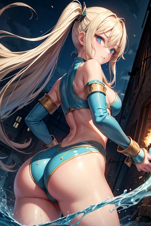 Draw samanta, an anime style female character with long straight blonde hair, thin blonde eyebrows and blue eyes.  small breasts, thin waist, big and perky butt, thick thighs, athletic body.  She is wearing sexy medieval water element armor.  she is all wounded from a bloody battle.  water serpent wrapping around her body giving her water elemental energy.  facial expression of pain.  view from behind with the camera approaching her ass, zooming in on her pert ass, perspective from below.  scenery of a city devastated by war, reddish and dark sky, low light.  injuries and scratches on her body.  sexy drawing within the limits of censorship.