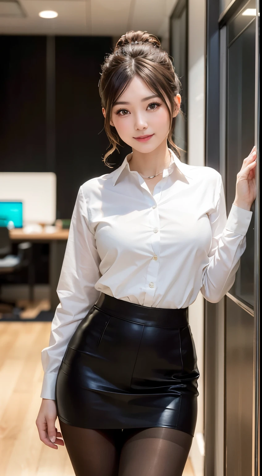 ((highest quality, 8k, masterpiece)), Very detailed, Sharp focus, One beautiful woman, Updo, White Tight Button Shirt, Black tight skirt, (Ultra-realistic pantyhose), Very detailed顔と肌の質感, ((Fine grain)), ((Beautiful Eyes:1.2)), smile, office