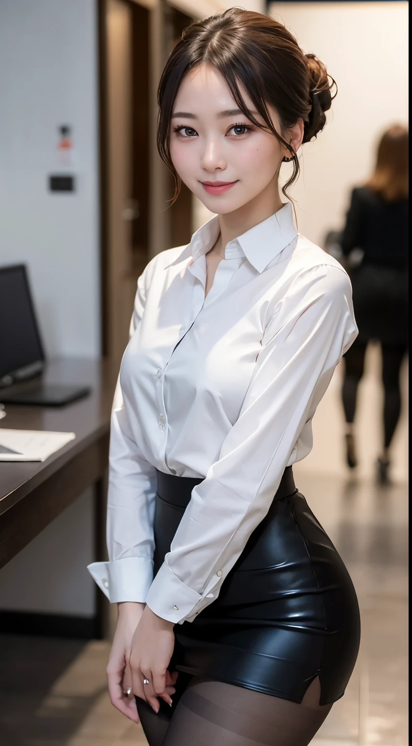 ((highest quality, 8k, masterpiece)), Very detailed, Sharp focus, One beautiful woman, Updo, White Tight Button Shirt, Black tight skirt, (Ultra-realistic pantyhose), Very detailed顔と肌の質感, ((Fine grain)), ((Beautiful Eyes:1.2)), smile, office