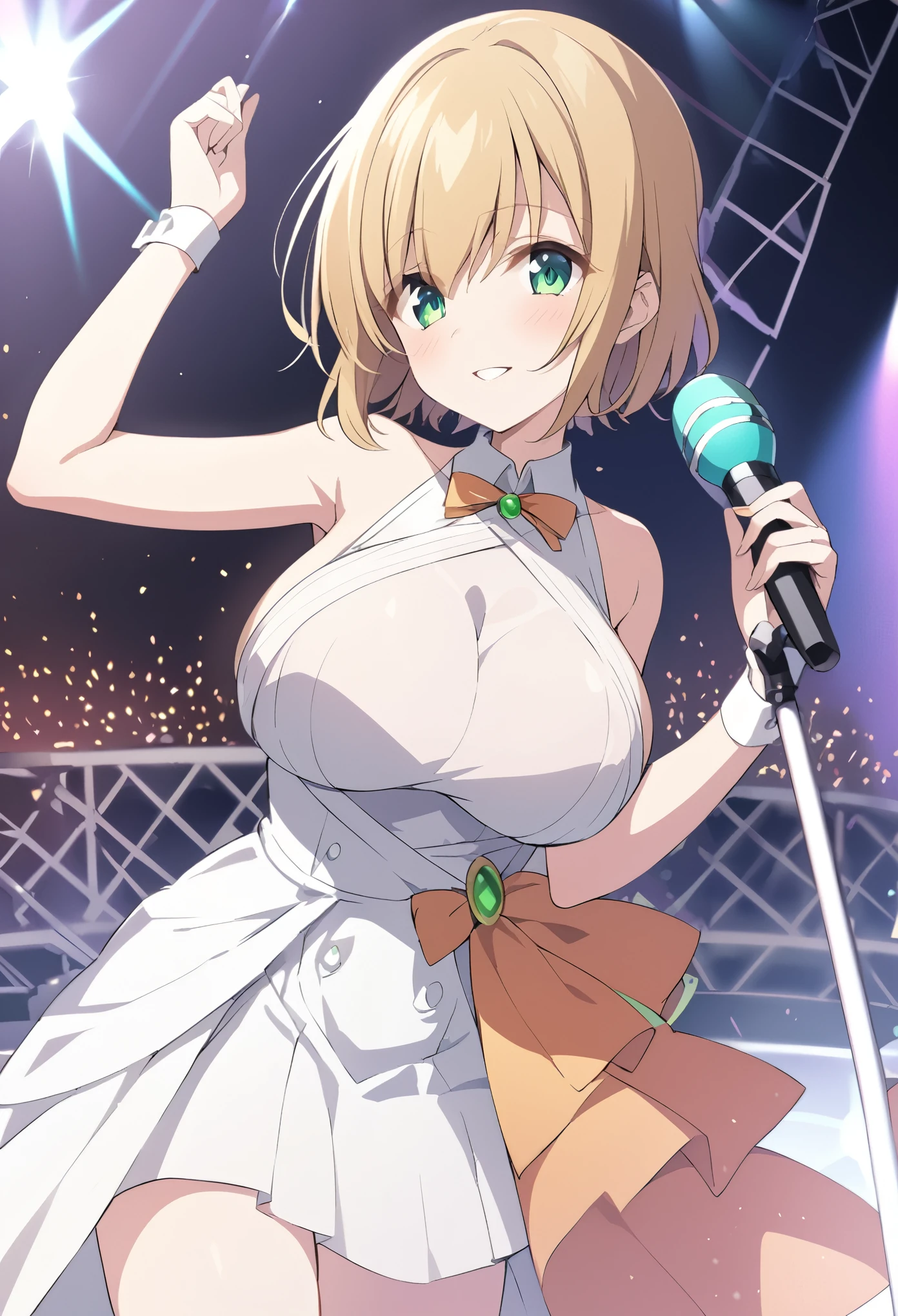 pico, short hair, green eyes, blonde hair,,,　　,　Live Stage, Big Breasts, formal dress　solo