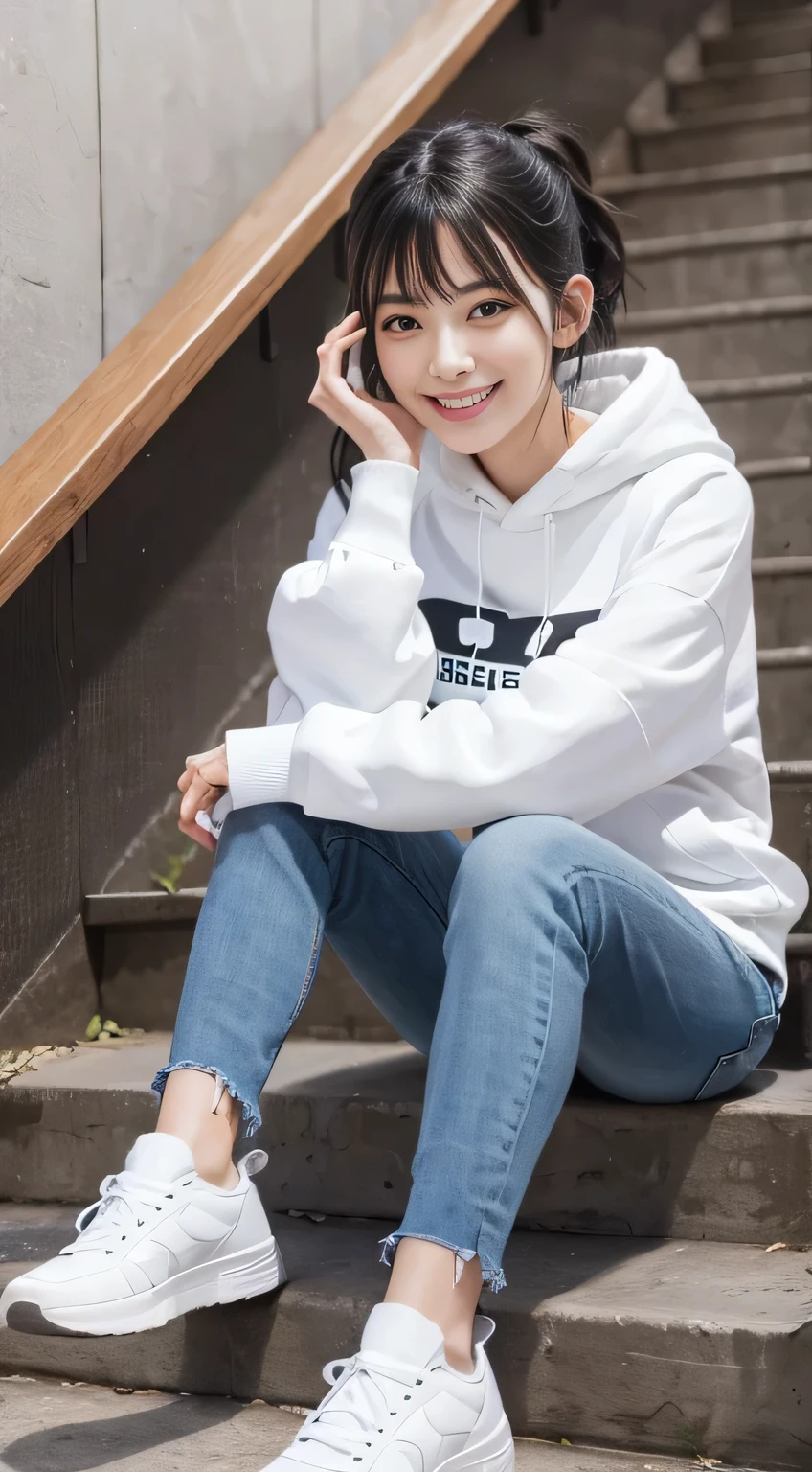 highest quality, Realistic, Very detailed, Finer details, High resolution, 8k wallpaper, One beautiful woman,Sit on the stairs、(Wear black socks)smile、(Beautiful teeth alignment、)(Gums are visible) Oversized hoodie, Skinny jeans,( Black sneakers)、Black Hair、 Beautiful Bangs、ear piercing、Perfect dynamic composition, Beautiful and detailed, Full Body Shot, A big smile