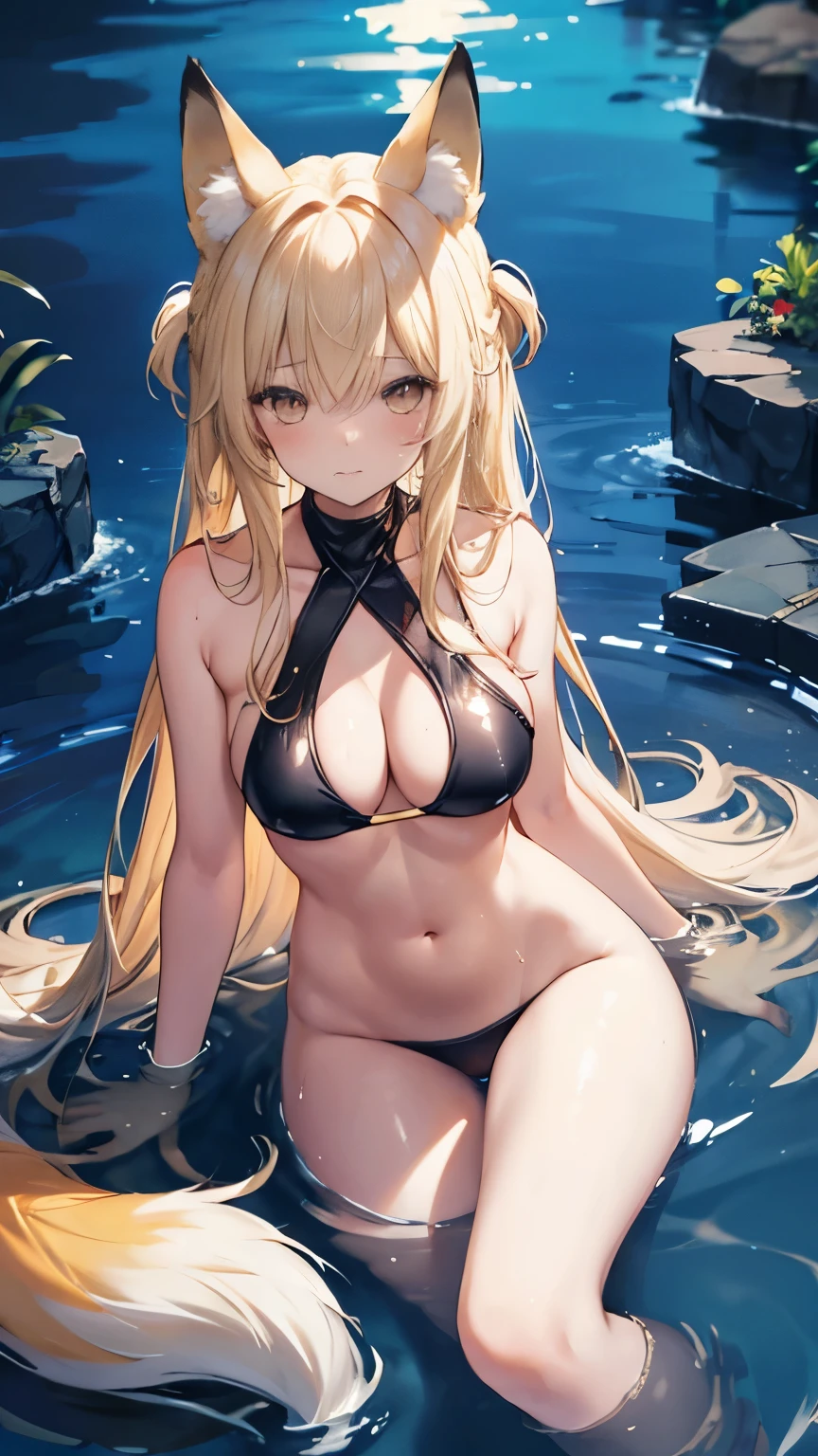 female up,Pool,Moonlit Night,Wet with water,Toned body,Blonde,Long Hair,Golden Eyes,,Fox ears,Fox tail,Fox Mask,Large Breasts,Halter neck,Float with a float