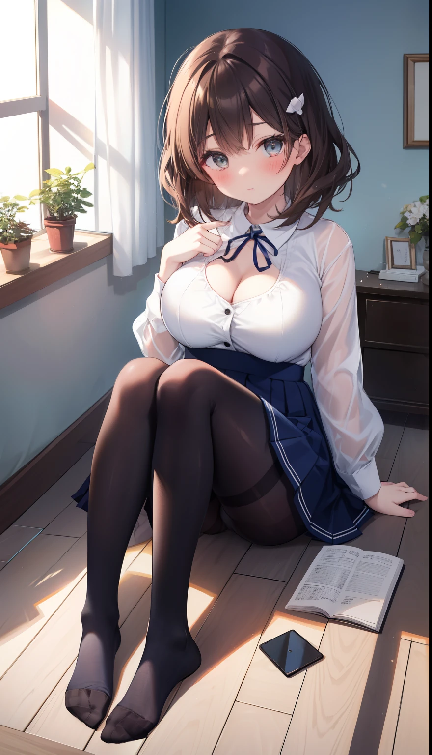 One Girl、Positive、From above、Full body portrait、Brown haired、Medium Haircut、blush、Absolute area、Knee socks、Knee-length、stockings、pantyhose、レースpantyhose、White underwear、No shoes、Cleavage、Light blue cut shirt、Navy blue checkered pleated skirt、school uniform、Japanese high 、Summer clothes、Inside the house、Daytime、(Very big boobs)、((Full Body Lesbian))、masterpiece、(highest quality)、
Panties around the ankles、loafers