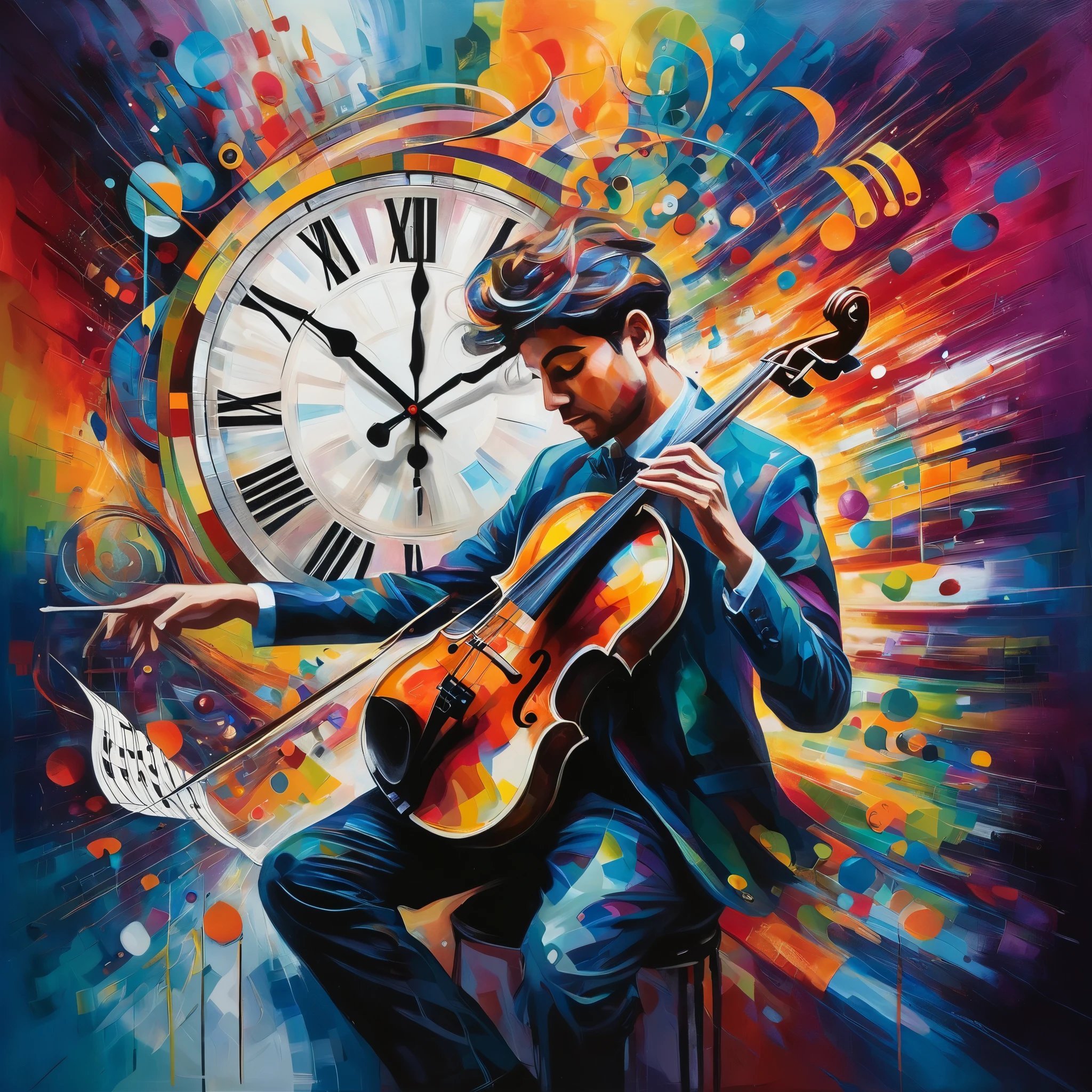 A vibrant, Fauvist-style painting of a musician lost in the moment, with swirling colors and abstract clock faces blending into the musical notes emanating from their instrument. The artwork represents the power of art to transcend time.