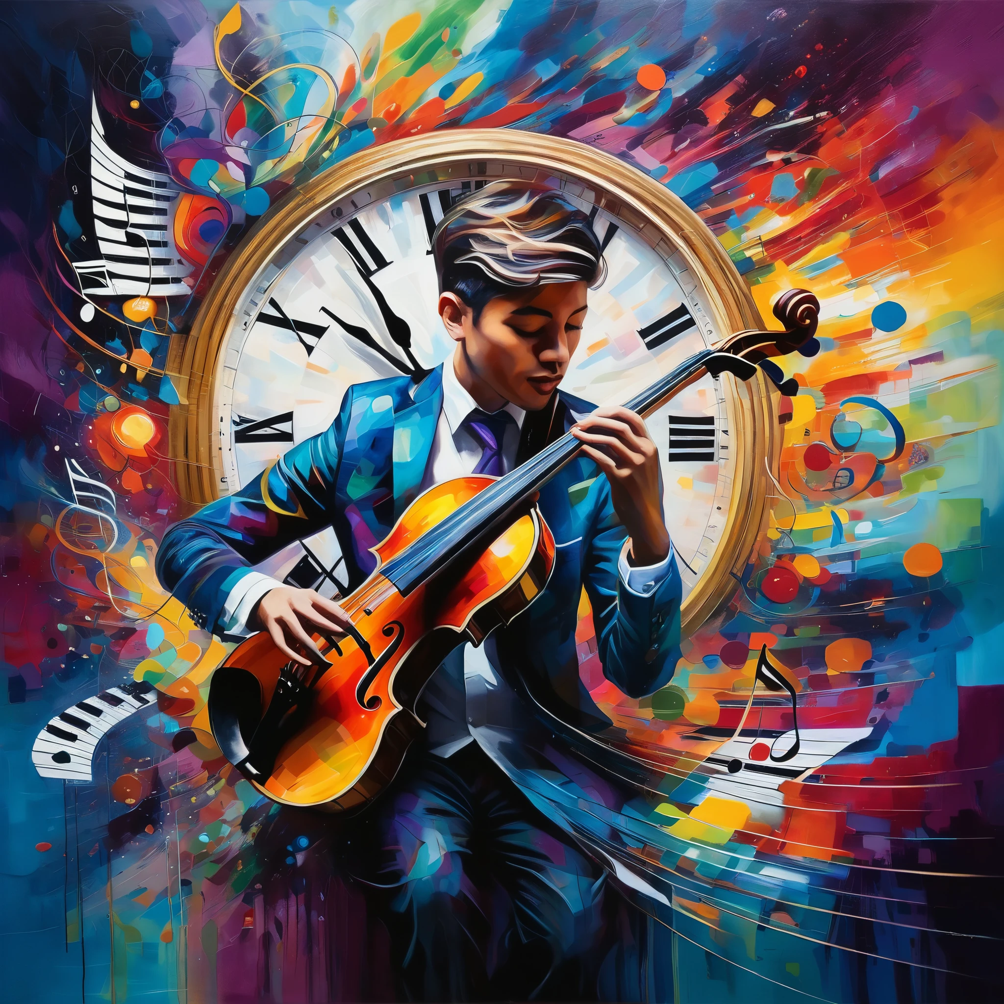 A vibrant, Fauvist-style painting of a musician lost in the moment, with swirling colors and abstract clock faces blending into the musical notes emanating from their instrument. The artwork represents the power of art to transcend time.