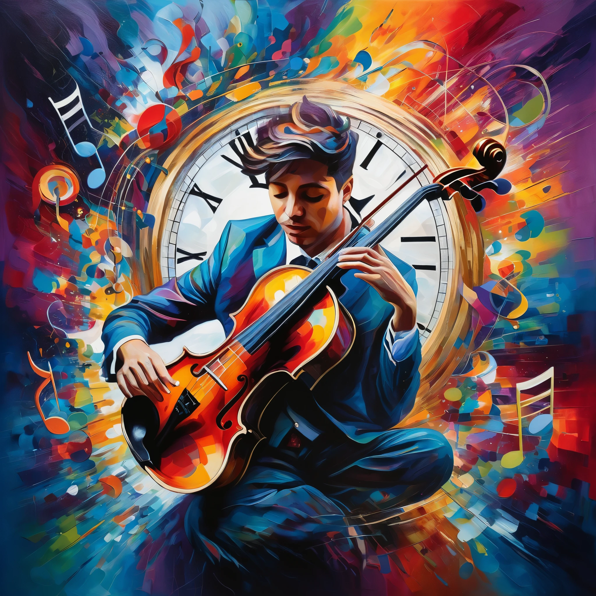 A vibrant, Fauvist-style painting of a musician lost in the moment, with swirling colors and abstract clock faces blending into the musical notes emanating from their instrument. The artwork represents the power of art to transcend time.