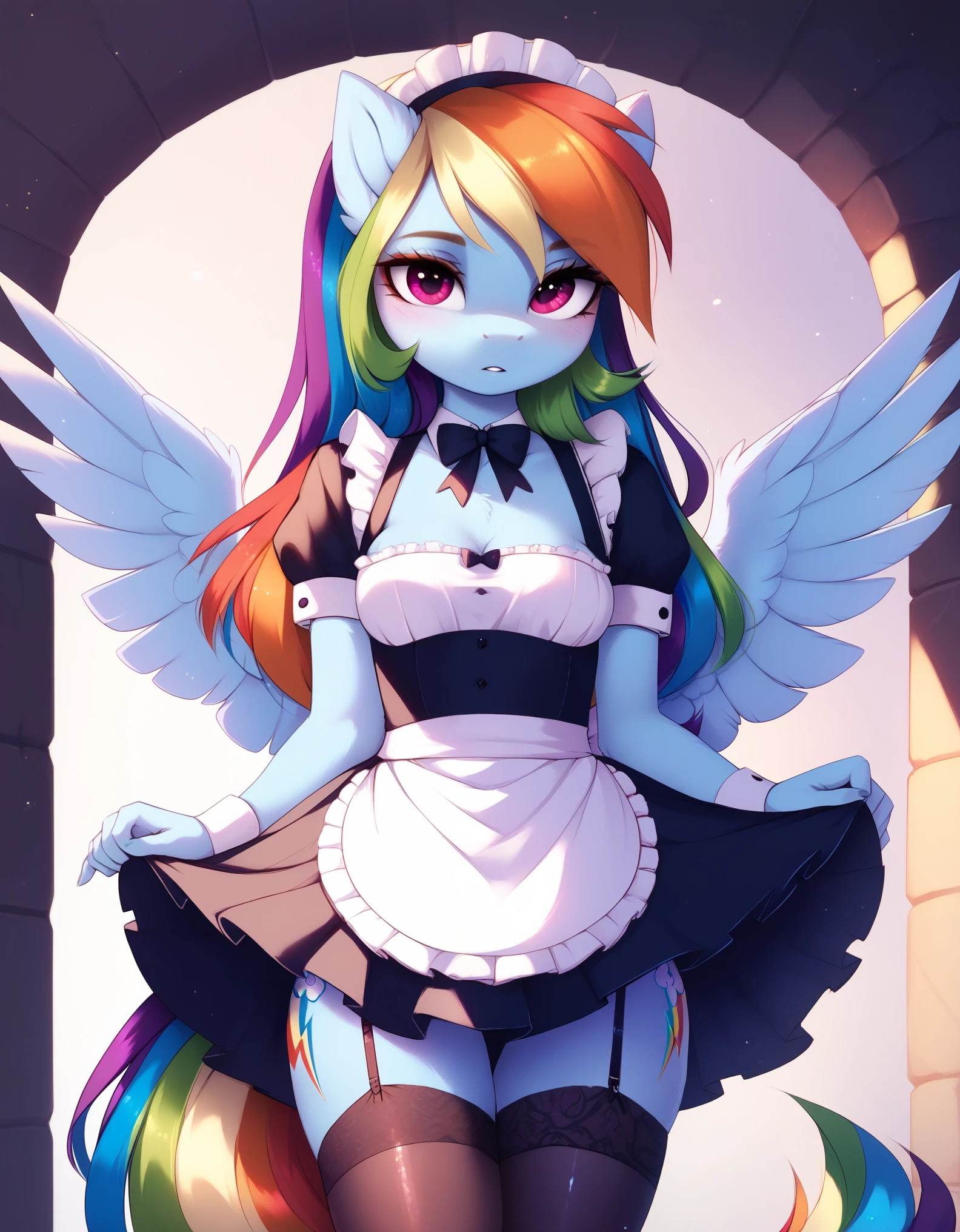 score_9, score_8_up, score_7_up , score_6_up, by magnaluna, vibrant colors, shiny_skin , prefect lighting, detailed image, snoozing , BREAK, 1girl , solo ,(rainbow dash), pegasus, anthro pony, curvy , thicc , thigh highs , garter belt, spread wings , wings , Maid outfit ,