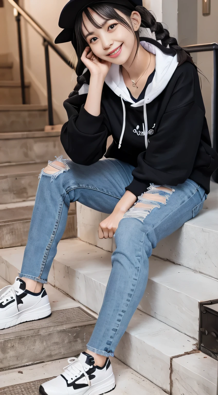 highest quality, Realistic, Very detailed, Finer details, High resolution, 8k wallpaper, One beautiful woman,Sit on the stairs、（Wear black socks）smile、（Beautiful teeth alignment、）（Gums are visible） Oversized hoodie, Skinny jeans,（ Black sneakers）、Black Hair、 Beautiful Bangs、ear piercing、Perfect dynamic composition, Beautiful and detailed, Full Body Shot, A big smile hairstyle braids