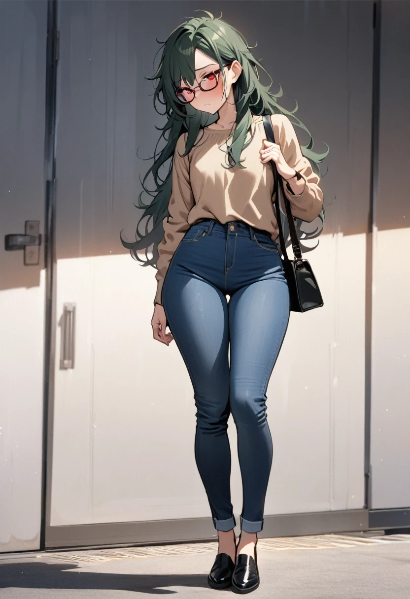 masterpiece, best quality, 1 female, solo, 35 year old female,full body,standing ,casual outfit, jeans,flat chest,Long Hair, Dark Green Hair,messy hair,glasses, red eyes,Shy , wide hips,tall