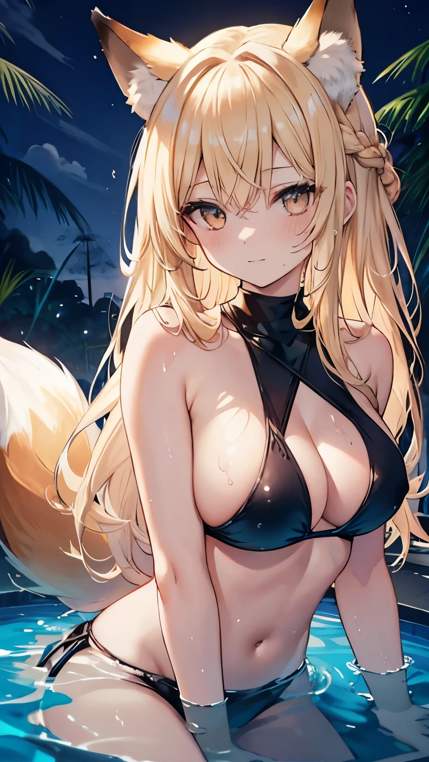 female up,Pool,Moonlit Night,Wet with water,Toned body,Blonde,Long Hair,Golden Eyes,,Fox ears,Fox tail,Fox Mask,Large Breasts,Halter neck,Swim ring