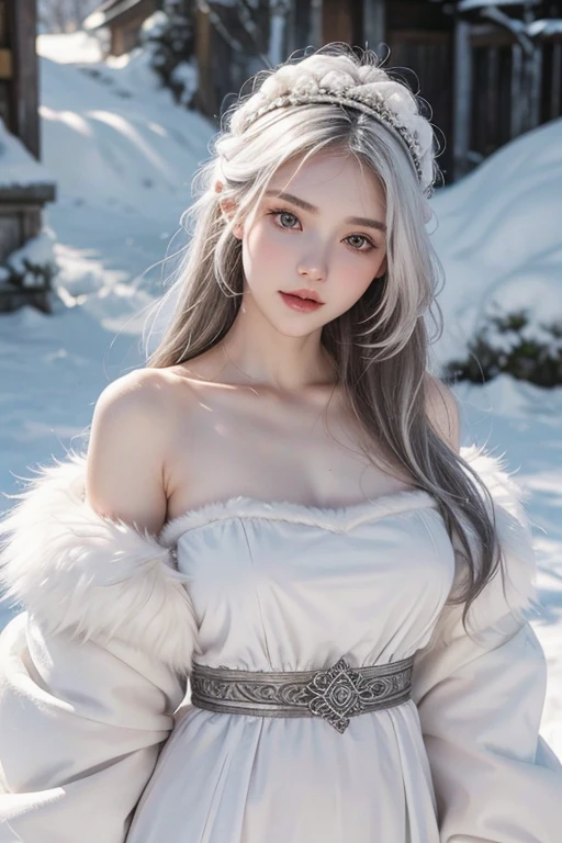 1girl and 1 wolf, white wolf beside,best quality, realistic, solo, depth of field, natural lighting, daytime, alluring, beautiful face, clean, pure face, pale skin, cute, short white hair, snowing hard, snow mountain ,flat chest, modest breast, full body, ((fur ancient traditional costume ,beautfully face)),