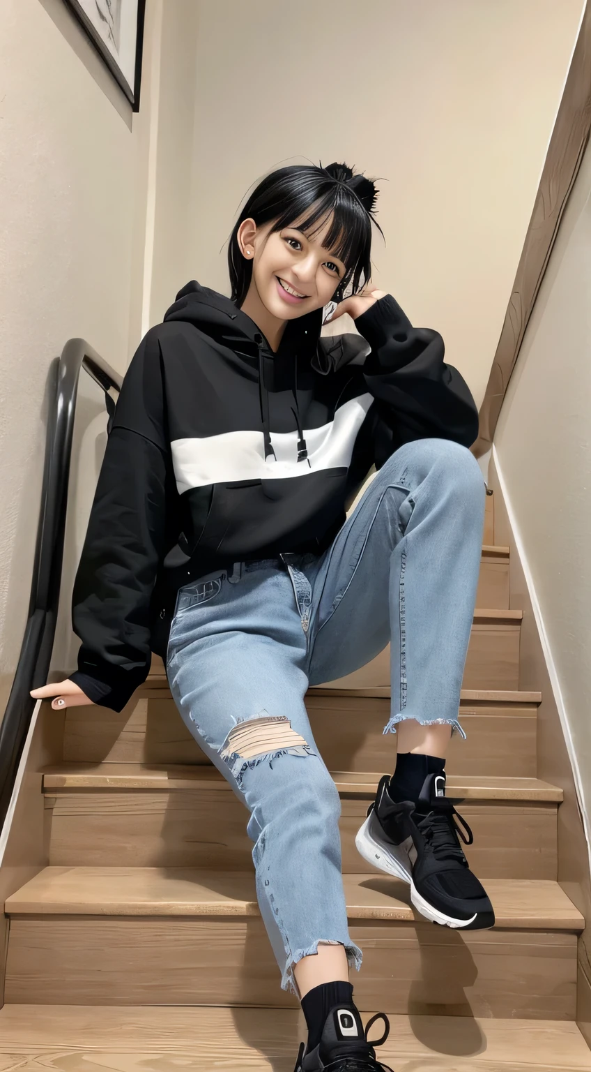 highest quality, Realistic, Very detailed, Finer details, High resolution, 8k wallpaper, One beautiful woman,Sit on the stairs、（Wear black socks）smile、（Beautiful teeth alignment、）（Gums are visible） Oversized hoodie, Skinny jeans,（ Black sneakers）、Black Hair、 Beautiful Bangs、ear piercing、Perfect dynamic composition, Beautiful and detailed, Full Body Shot, A big smile hairstyle side tail