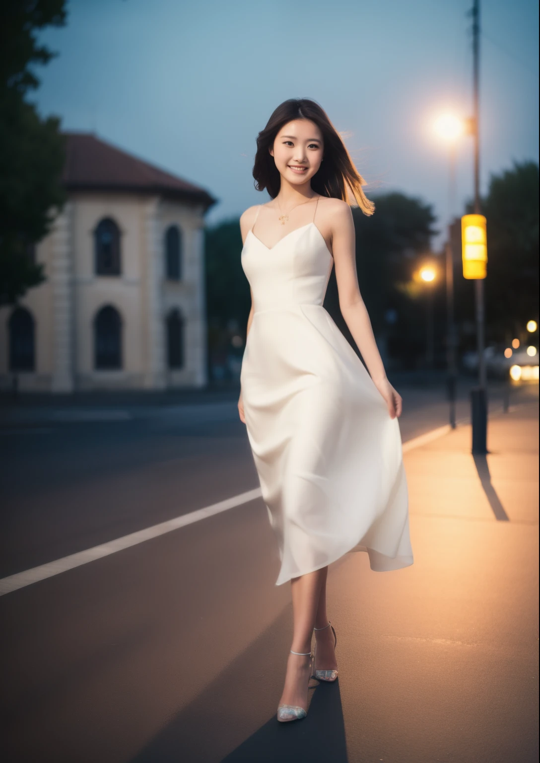Beautiful 25 year old woman。She is wearing a summer wedding dress. She is walking and her legs crossed and one leg is visible. She is shying and smiling on illuminated by the evening church lights . her black hair. High resolution、masterpiece、highest quality、頭w:1.0、((Hasselblad Photos))、fine skin、(movie lighting)、clavicle . full body picture.