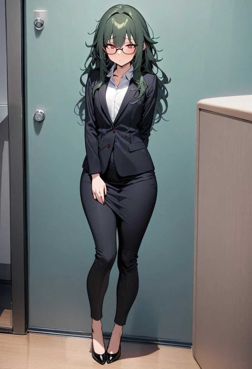 masterpiece, best quality, 1 female, solo, 35 year old female,full body,standing ,office casual ,flat chest,Long Hair, Dark Green Hair,messy hair,glasses, red eyes,Shy , wide hips,tall