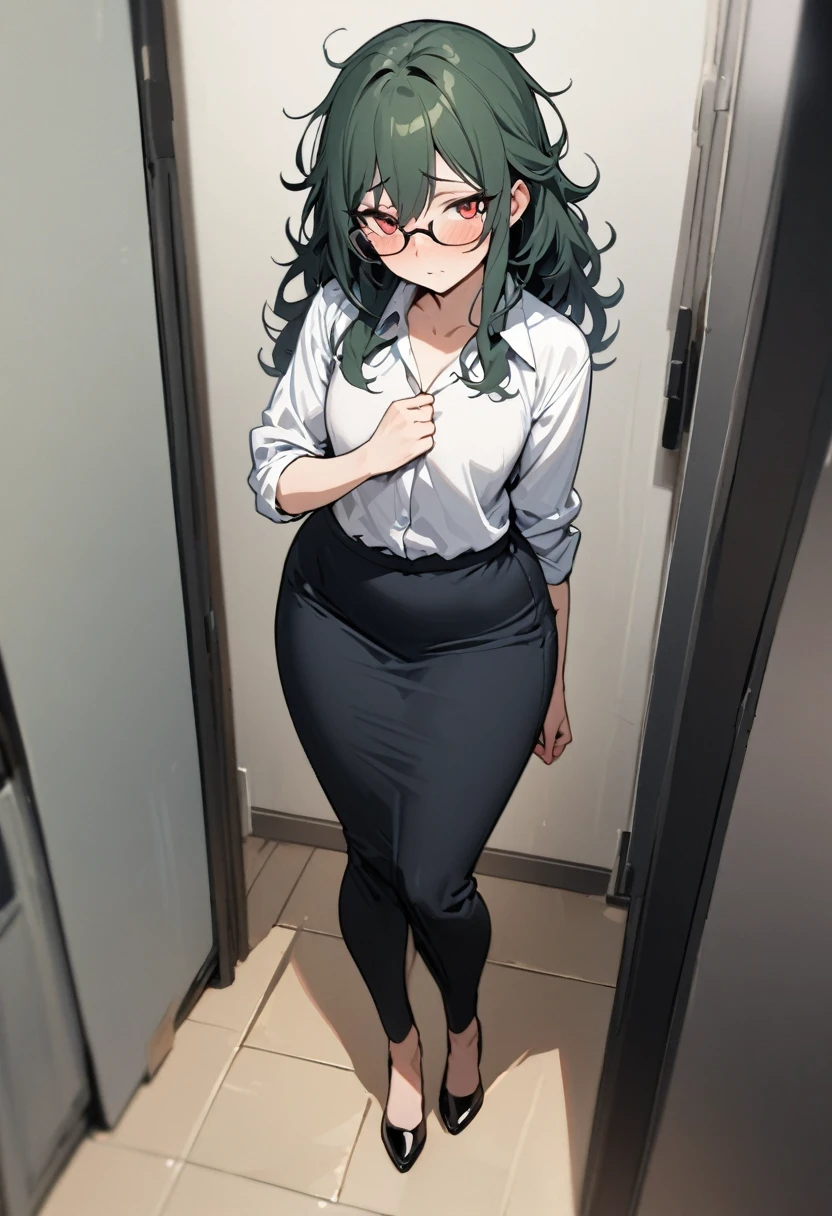 masterpiece, best quality, 1 female, solo, 35 year old female,full body,standing ,office casual ,flat chest,Long Hair, Dark Green Hair,messy hair,glasses, red eyes,Shy , wide hips,tall