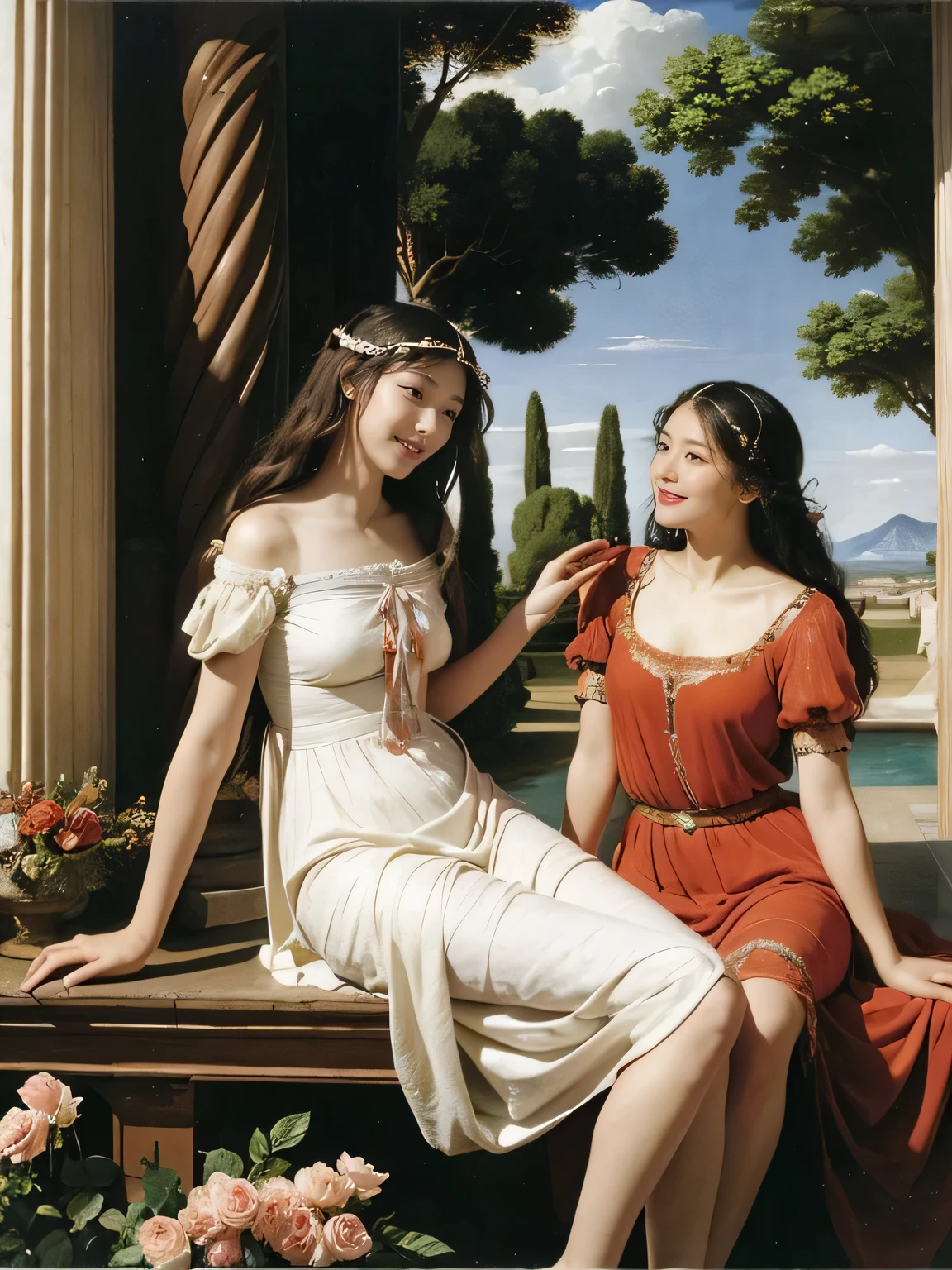 full body portrait or statue、Sandro Botticelli painting style,Arguments of two female Philosophe,math、astronomical machine、astronaut、roses in vase、fruits、Cute trinkets、smile、ancient greek costume、Ancient Roman landscape in the style of Nicolas Poussin,laughter,,Sweet and seductive appearance.、Caravaggio's paintings、Chiaroscuro of Caravaggio、hair tousled by the wind,Two women frolicking,cute smile, expression of ecstasy,Sexy,erotic