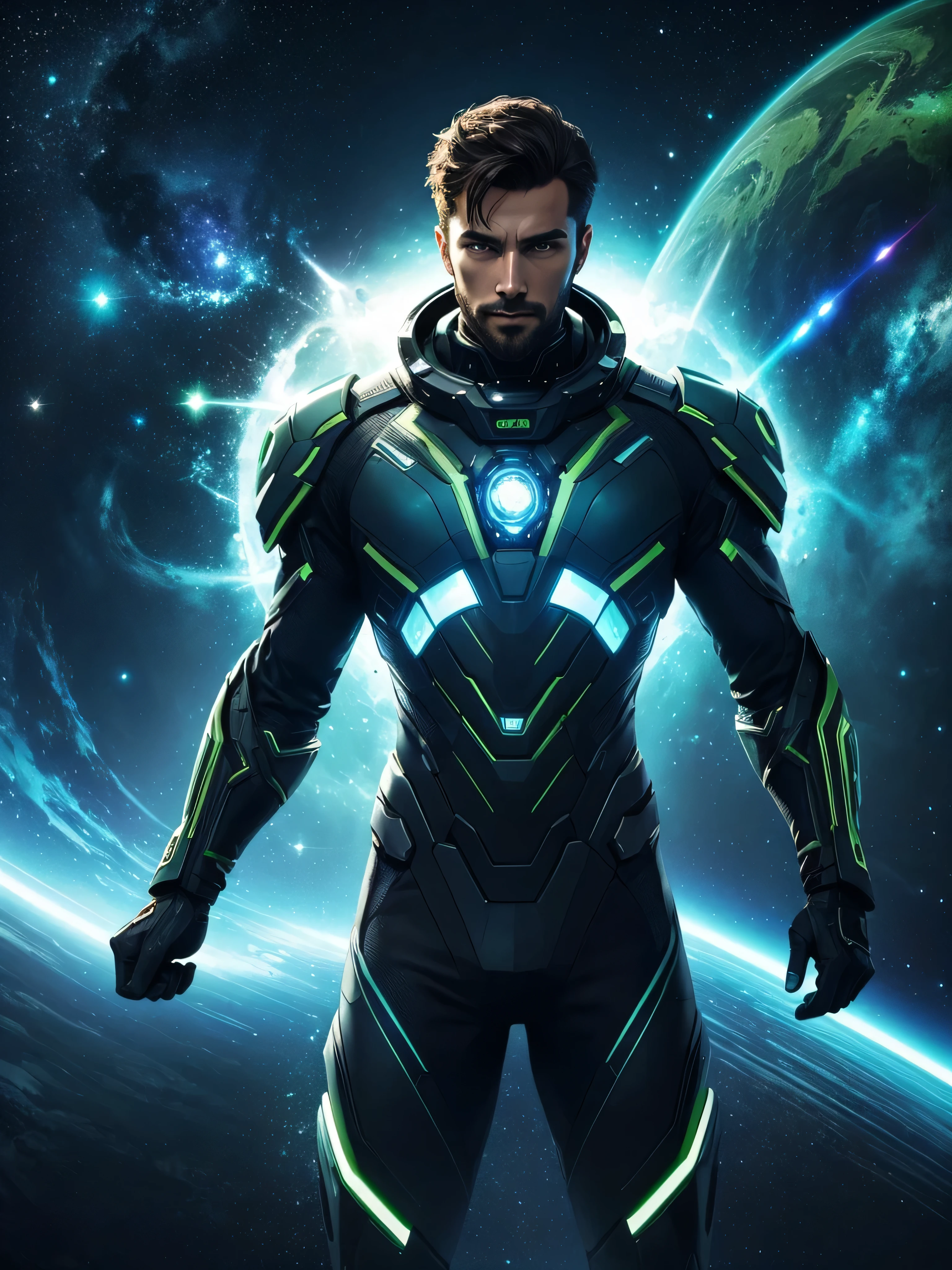 A handsome man in a futuristic suit surging in cosmic energy which os green in colour suspended in the wasteness of space with galaxies in the background