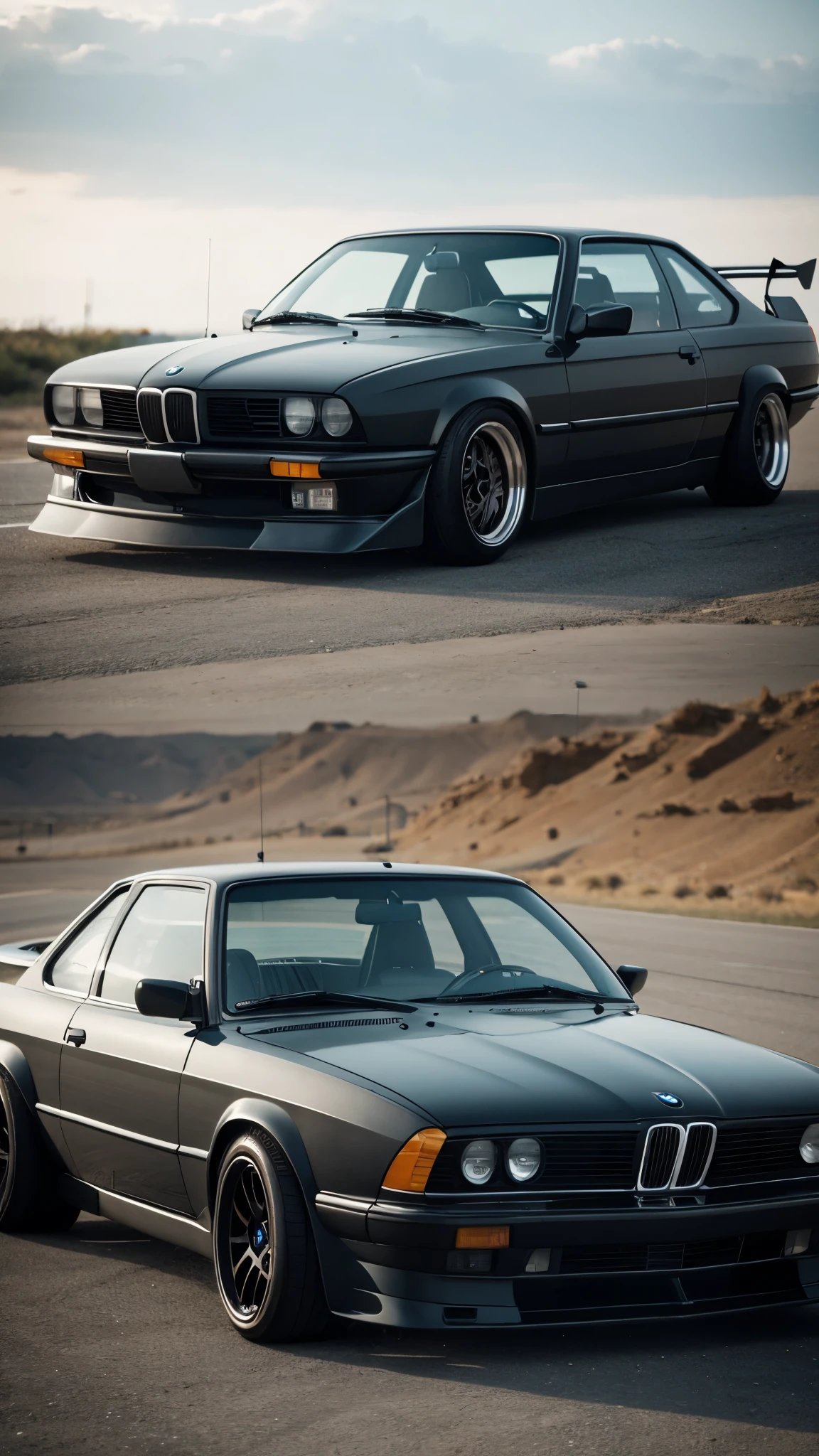 BMW E24, Matte black, black windows, racing body kit, spoiler, customized, JDM, ultrarealistic, realism, 8K, Cinema 4D, Trending on Unsplash, dramatic lighting, epic, drift