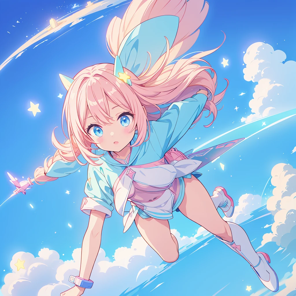 A futuristic flying star-shaped pastel-colored vehicle、kawaii tech,Do not draw people、
